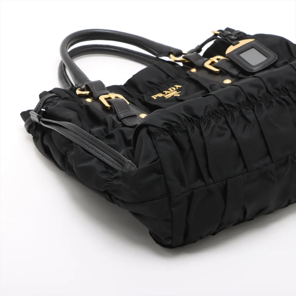 gathered nylon x leather handbag black — view 4
