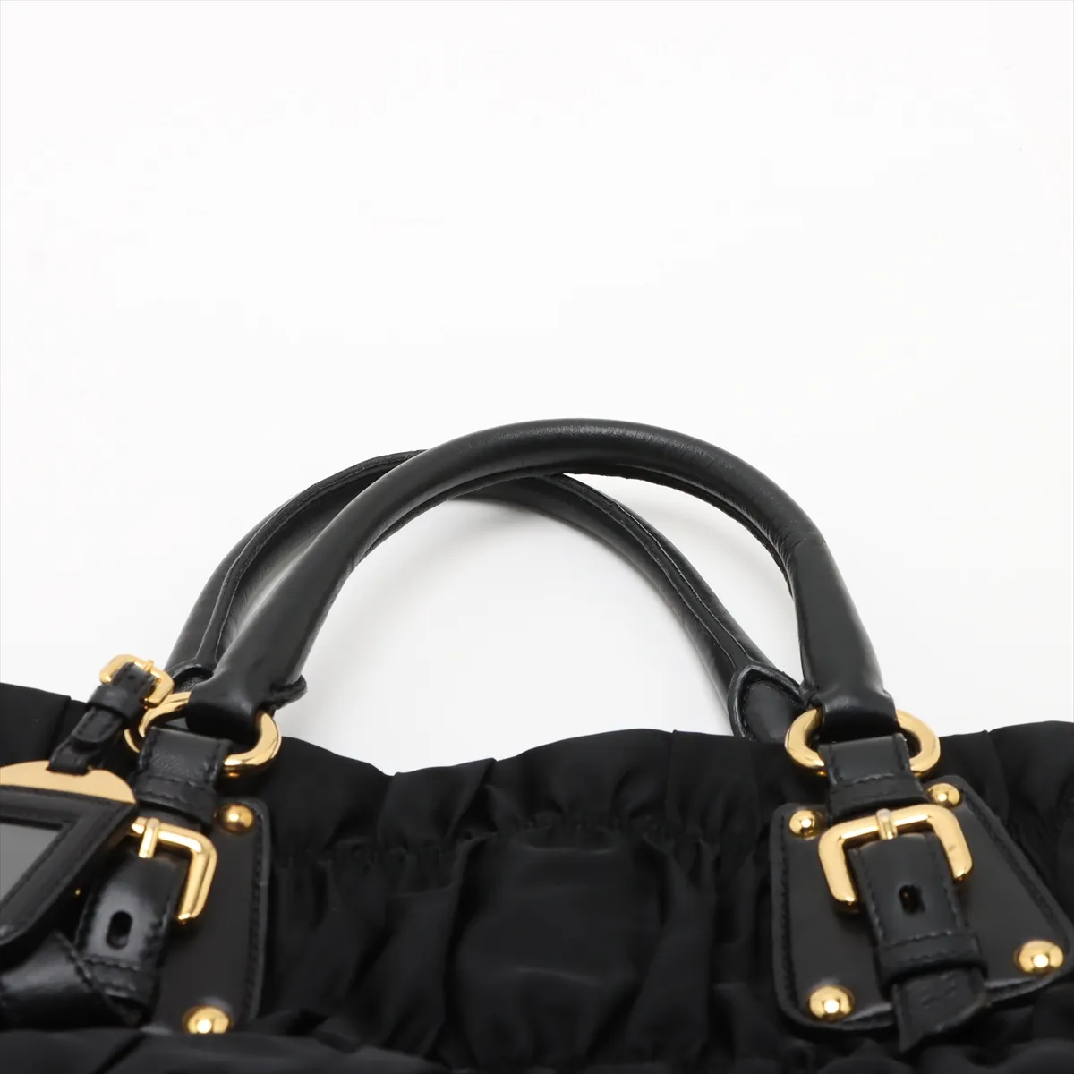 gathered nylon x leather handbag black — view 6