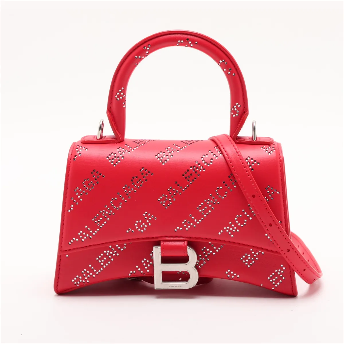 Hourglass XS 719115 Leather x Rhinestone 2-Way Handbag Red
