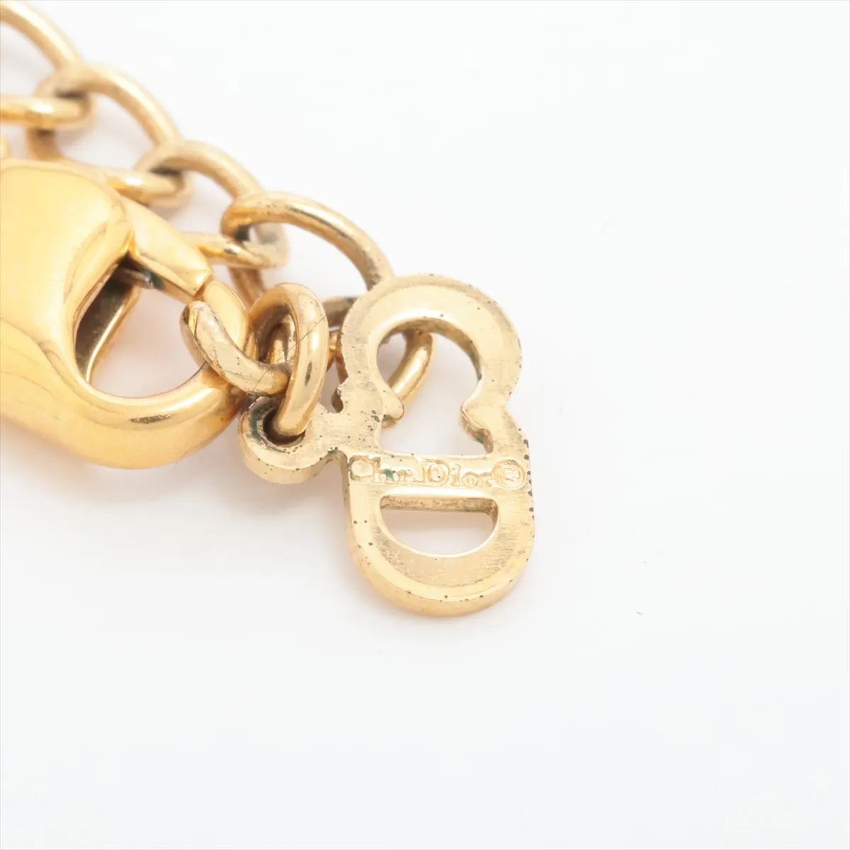 CD logo necklace, gold plated with rhinestones. Shows signs of wear, — view 4