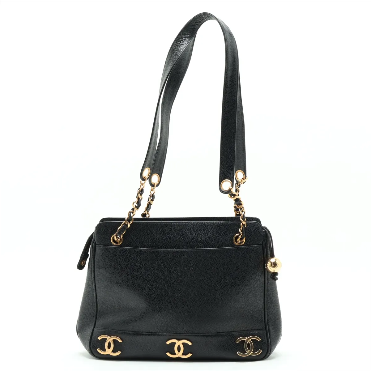 Triple Coco Caviar Skin Chain Tote Bag, Black with Gold Hardware, Item No. 3464794 (Serial No. 3) — view 2