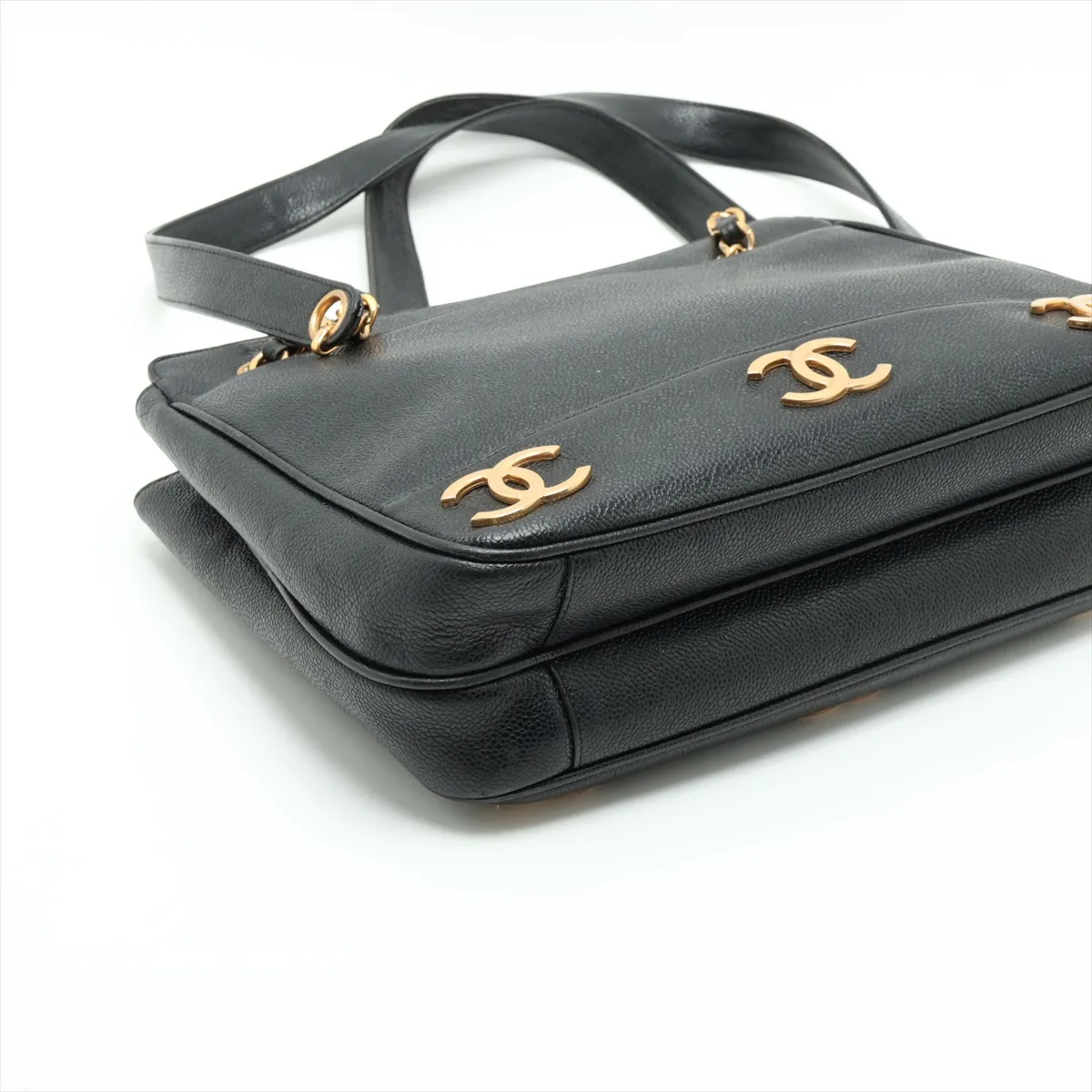 Triple Coco Caviar Skin Chain Tote Bag, Black with Gold Hardware, Item No. 3464794 (Serial No. 3) — view 4