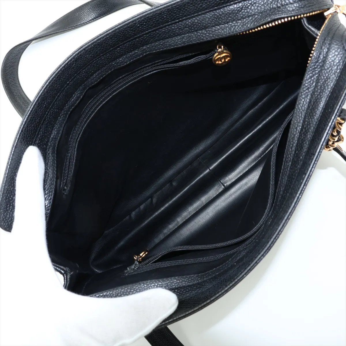 Triple Coco Caviar Skin Chain Tote Bag, Black with Gold Hardware, Item No. 3464794 (Serial No. 3) — view 7