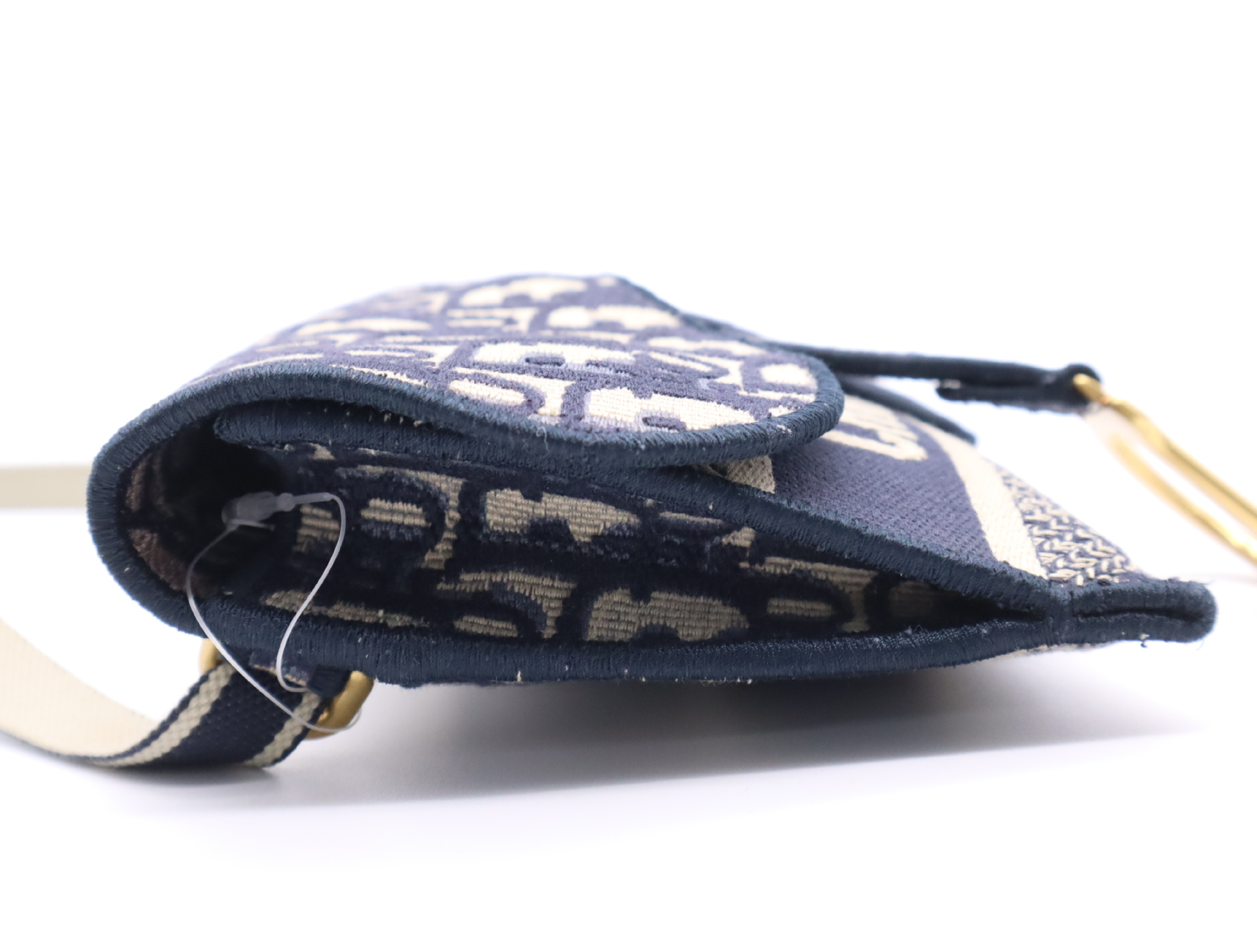 Canvas x Leather Saddle Slim Pouch Shoulder Bag, Navy, Gold Hardware — view 3