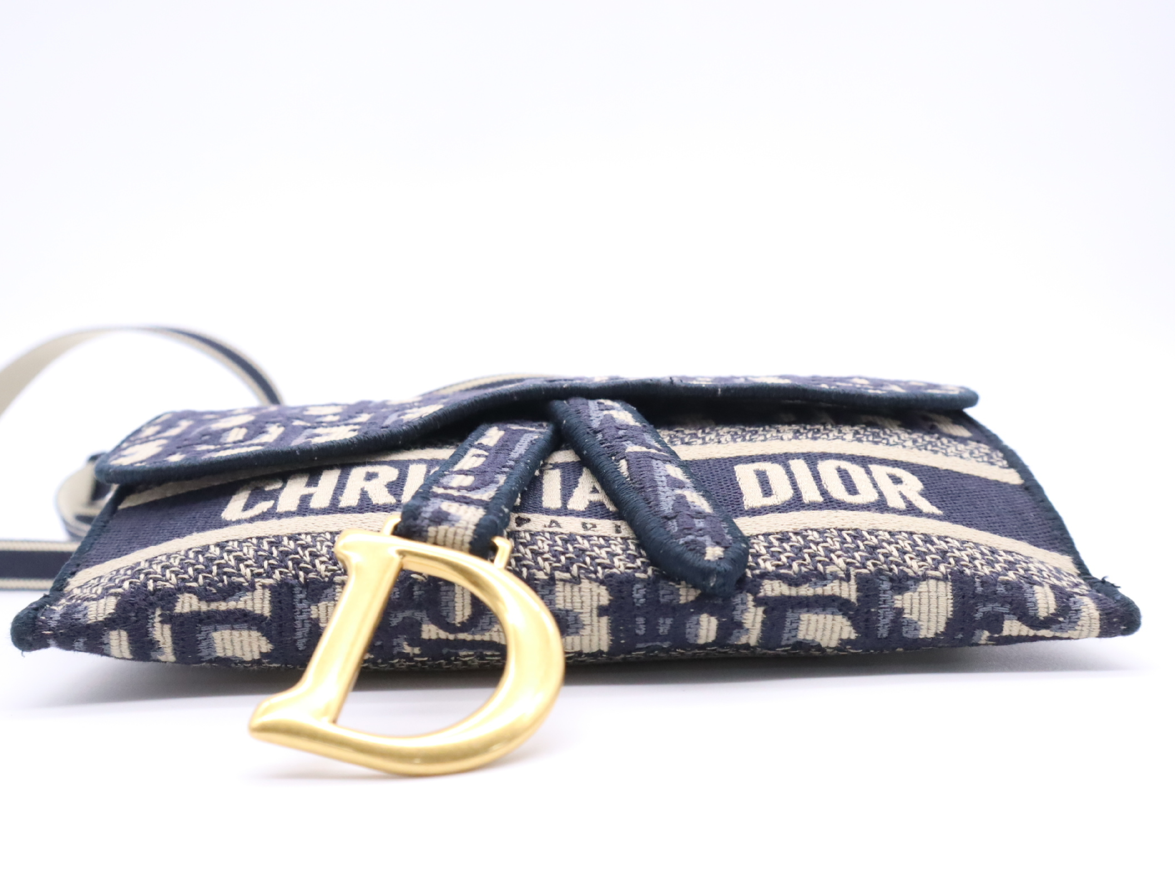 Canvas x Leather Saddle Slim Pouch Shoulder Bag, Navy, Gold Hardware — view 4