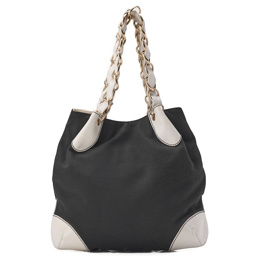 Canvas x Calfskin Chain Tote Bag, Black x White, Gold Hardware — view 2