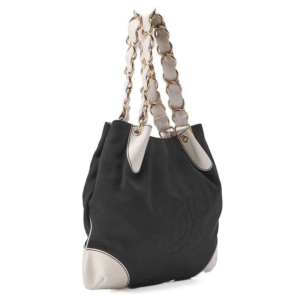 Canvas x Calfskin Chain Tote Bag, Black x White, Gold Hardware — view 3