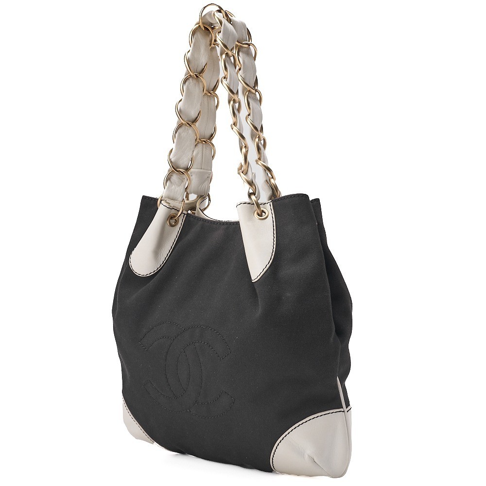 Canvas x Calfskin Chain Tote Bag, Black x White, Gold Hardware — view 4