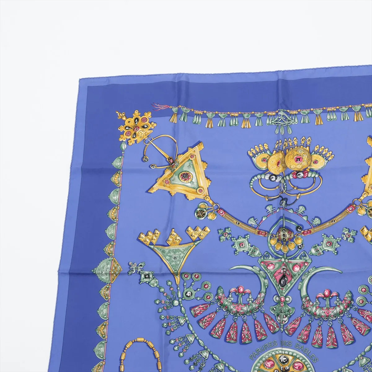 Carre 90 Parures des Sables (Desert Accessories) Scarf, Silk, Blue. Shows wear, — view 2