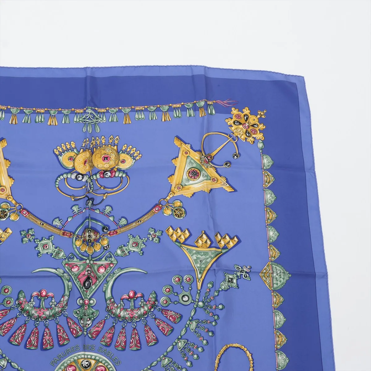 Carre 90 Parures des Sables (Desert Accessories) Scarf, Silk, Blue. Shows wear, — view 3