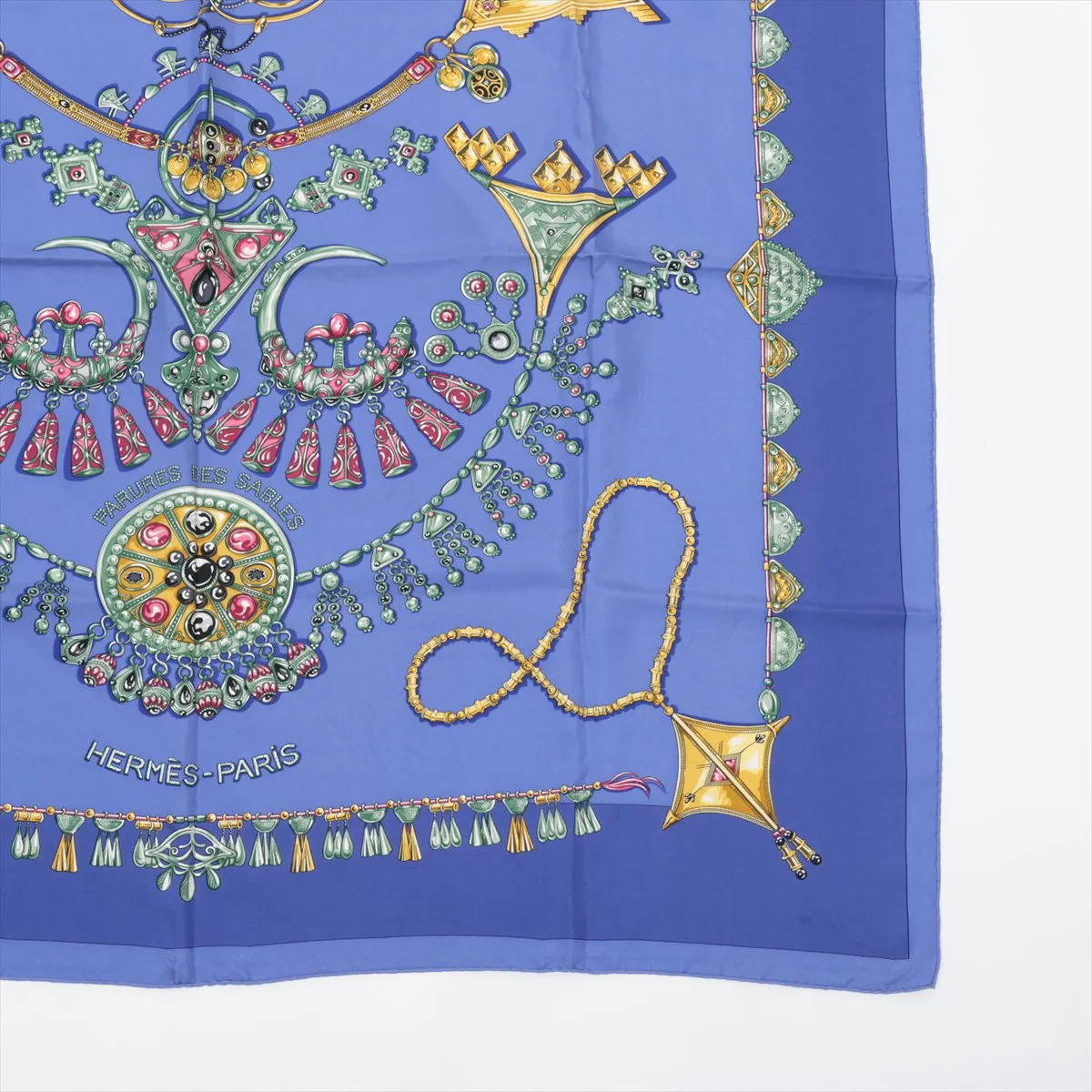 Carre 90 Parures des Sables (Desert Accessories) Scarf, Silk, Blue. Shows wear, — view 4