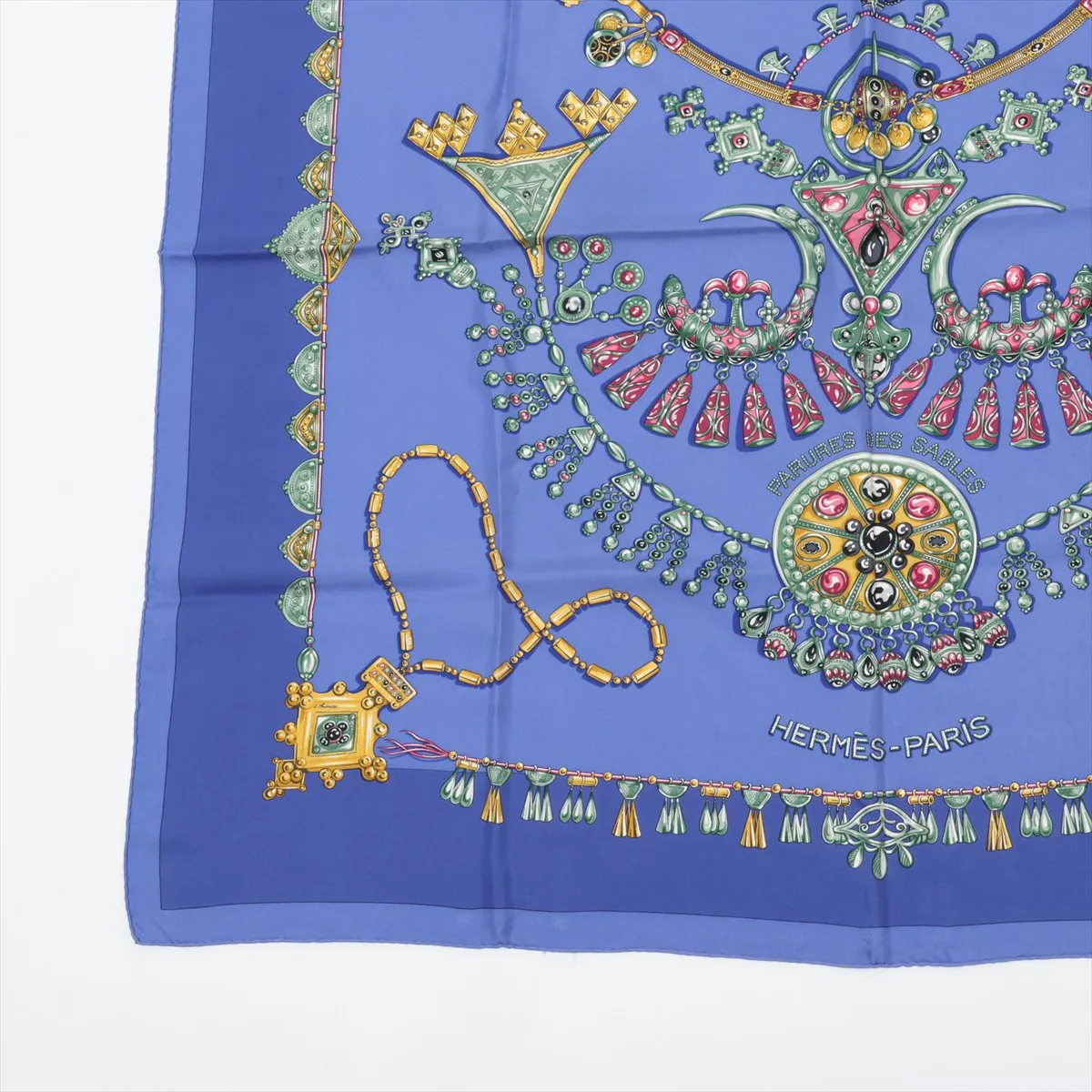 Carre 90 Parures des Sables (Desert Accessories) Scarf, Silk, Blue. Shows wear, — view 5