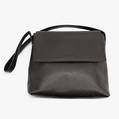 Grained Leather Flap Shoulder Bag, Dark Brown