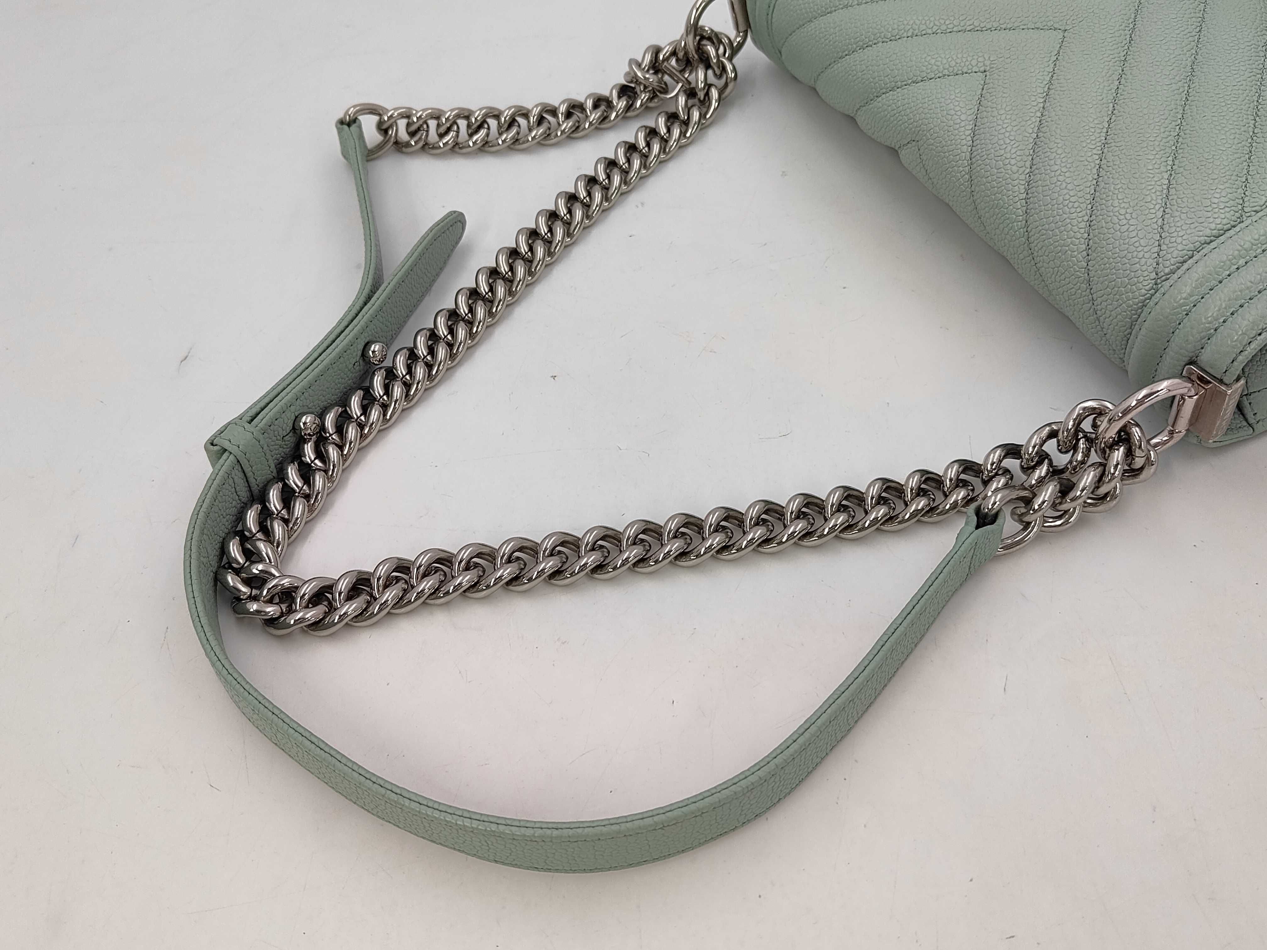 Boy Chanel Chain Shoulder Bag, Mint Green Caviar Leather, Chevron Pattern, Silver Hardware. — view 3