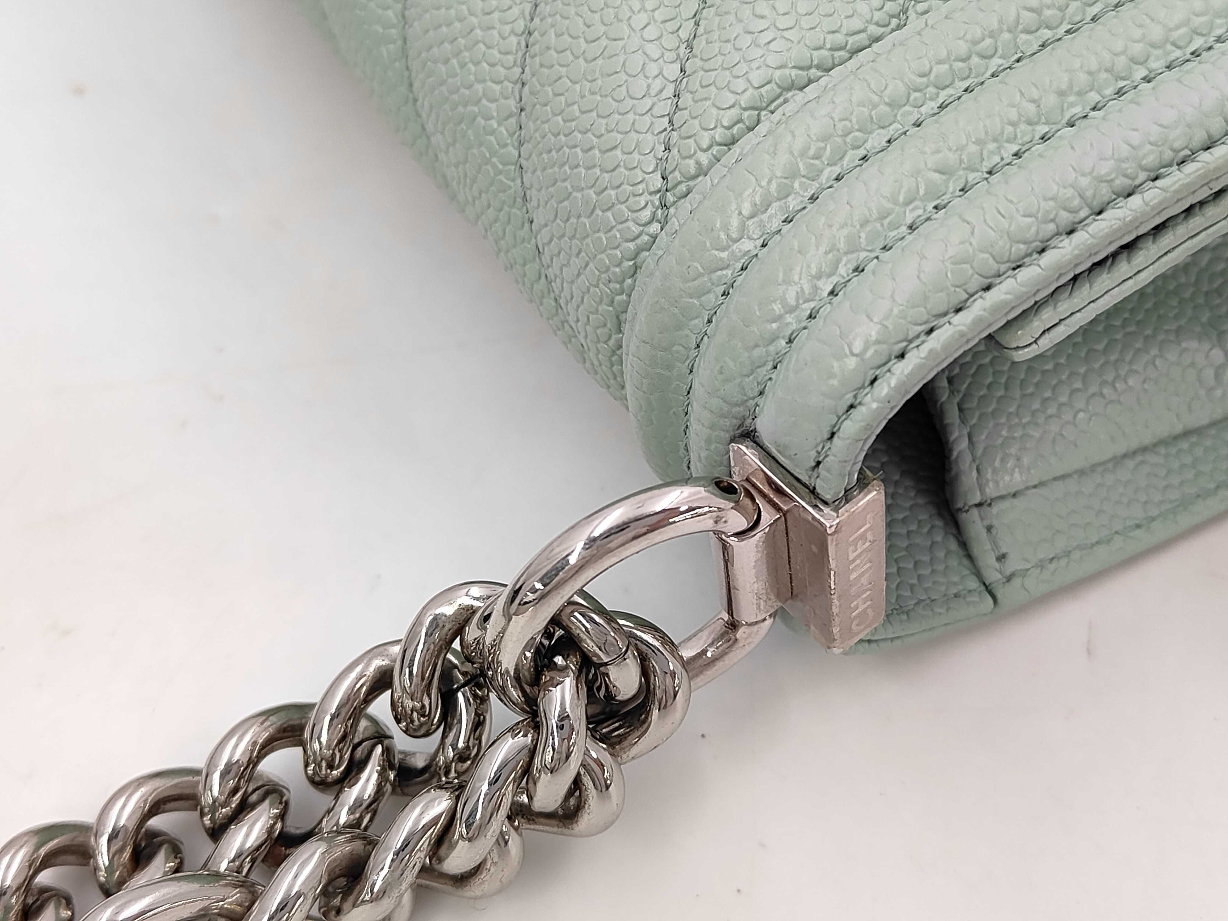 Boy Chanel Chain Shoulder Bag, Mint Green Caviar Leather, Chevron Pattern, Silver Hardware. — view 5