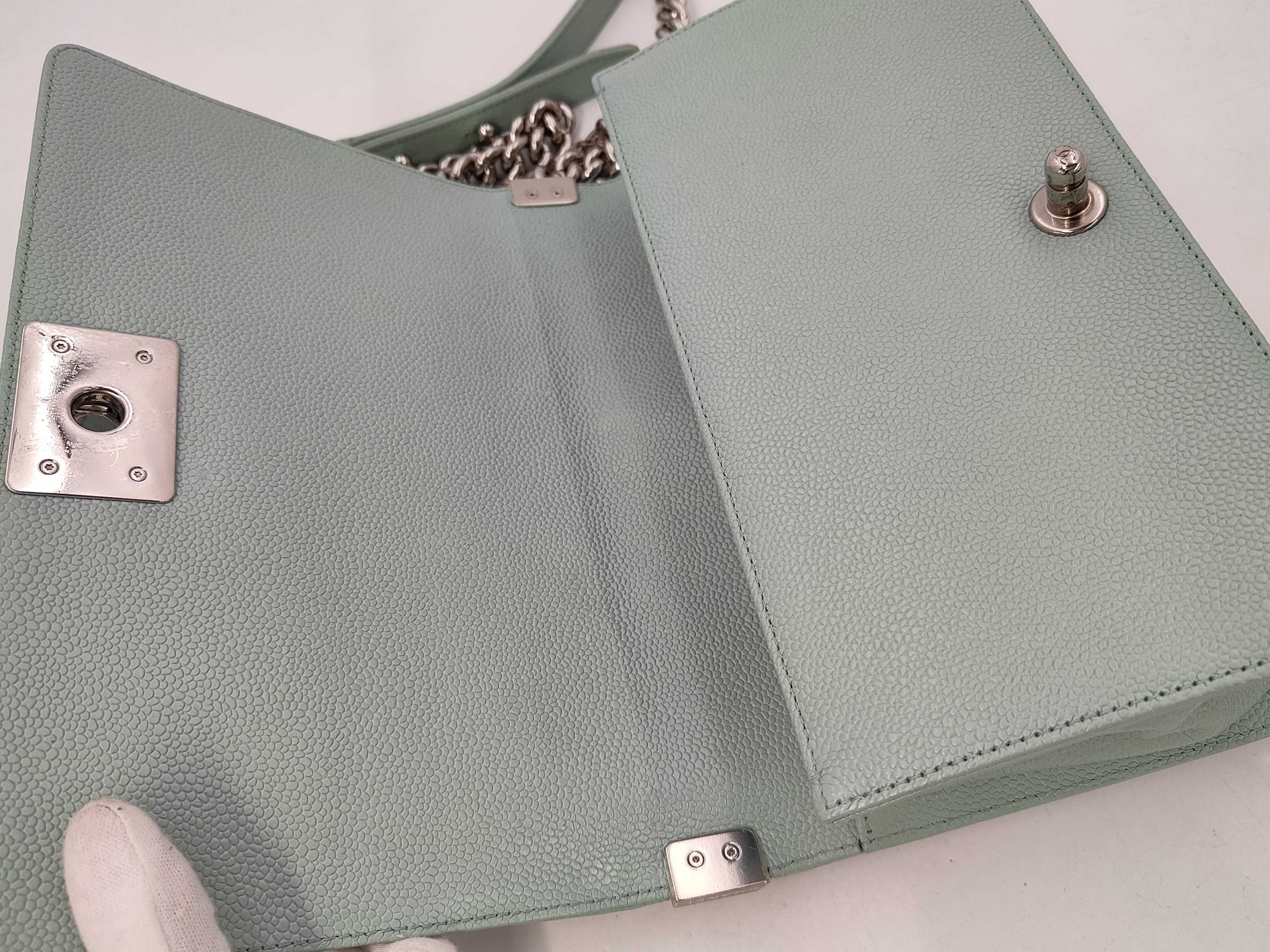 Boy Chanel Chain Shoulder Bag, Mint Green Caviar Leather, Chevron Pattern, Silver Hardware. — view 8