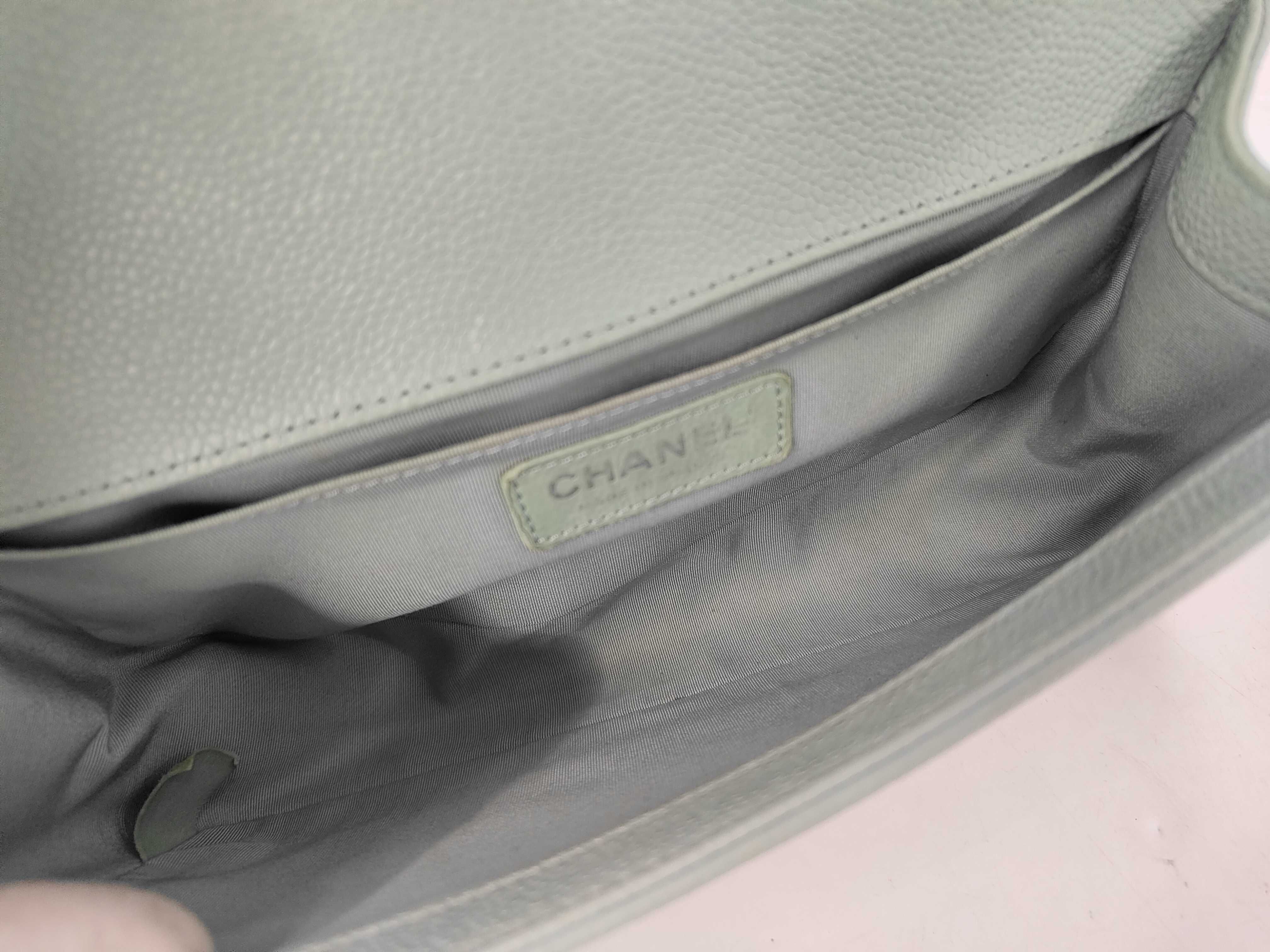 Boy Chanel Chain Shoulder Bag, Mint Green Caviar Leather, Chevron Pattern, Silver Hardware. — view 9