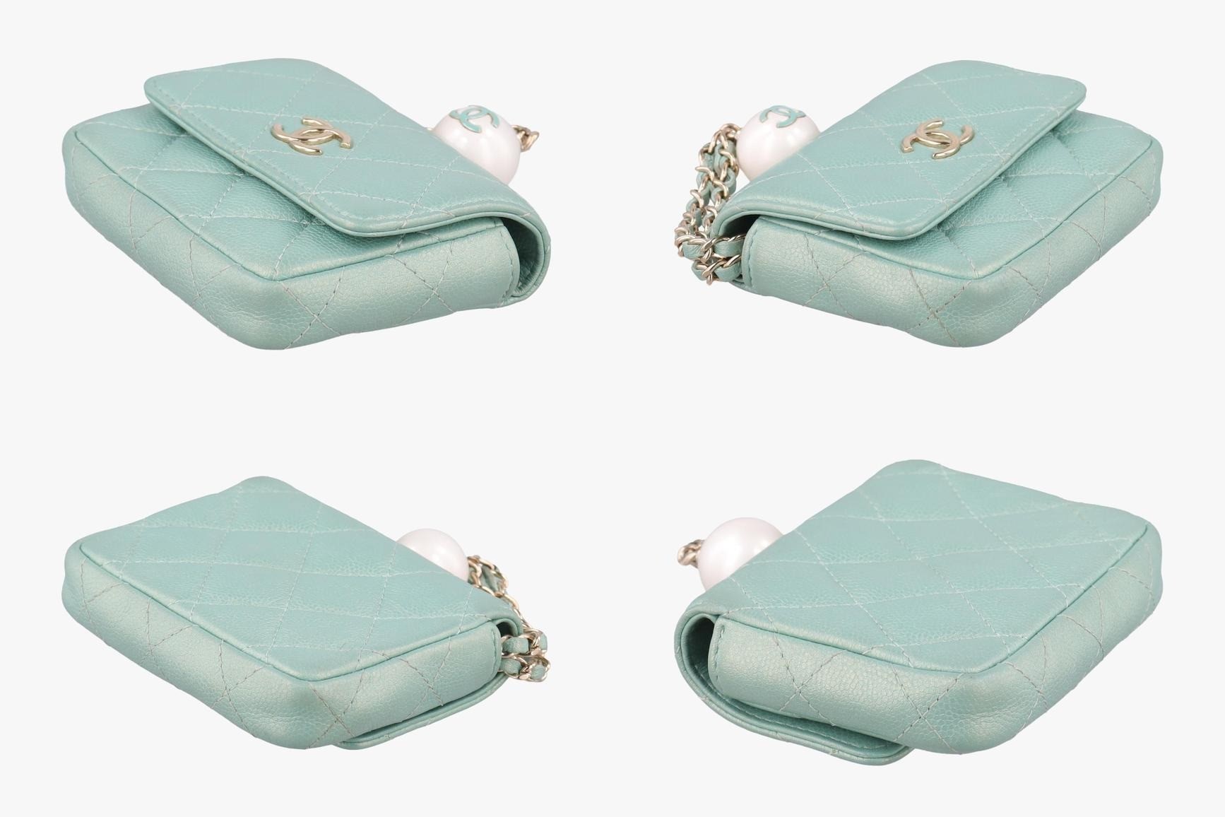Mini Matelassé Pearl Coin Purse, Lambskin, Green — view 4