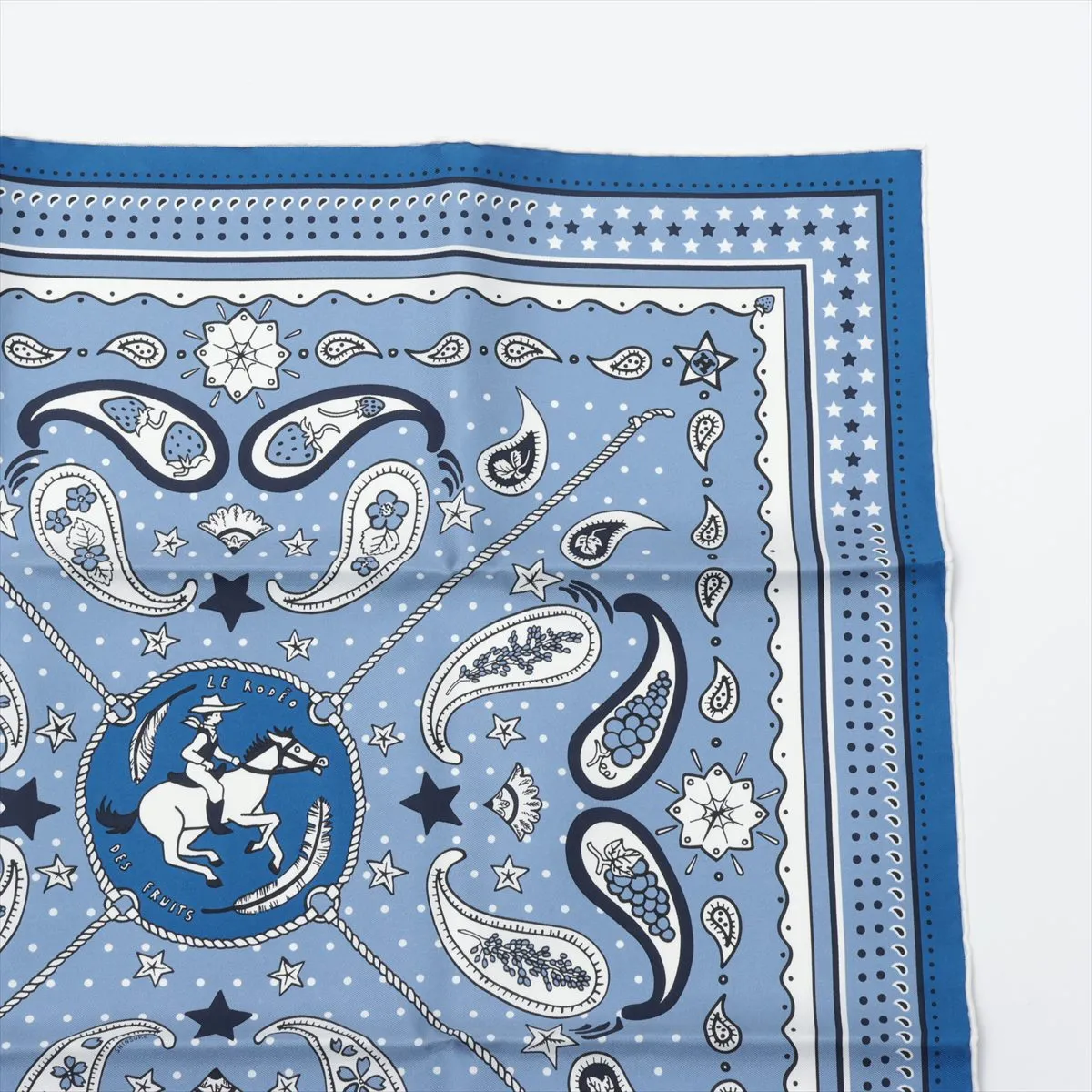 Carre 55 LE RODEO DES FRUITS (Rodeo de Fruits) Scarf, Silk, Blue Jean, Slightly Snagged, with Paper Tag. — view 3