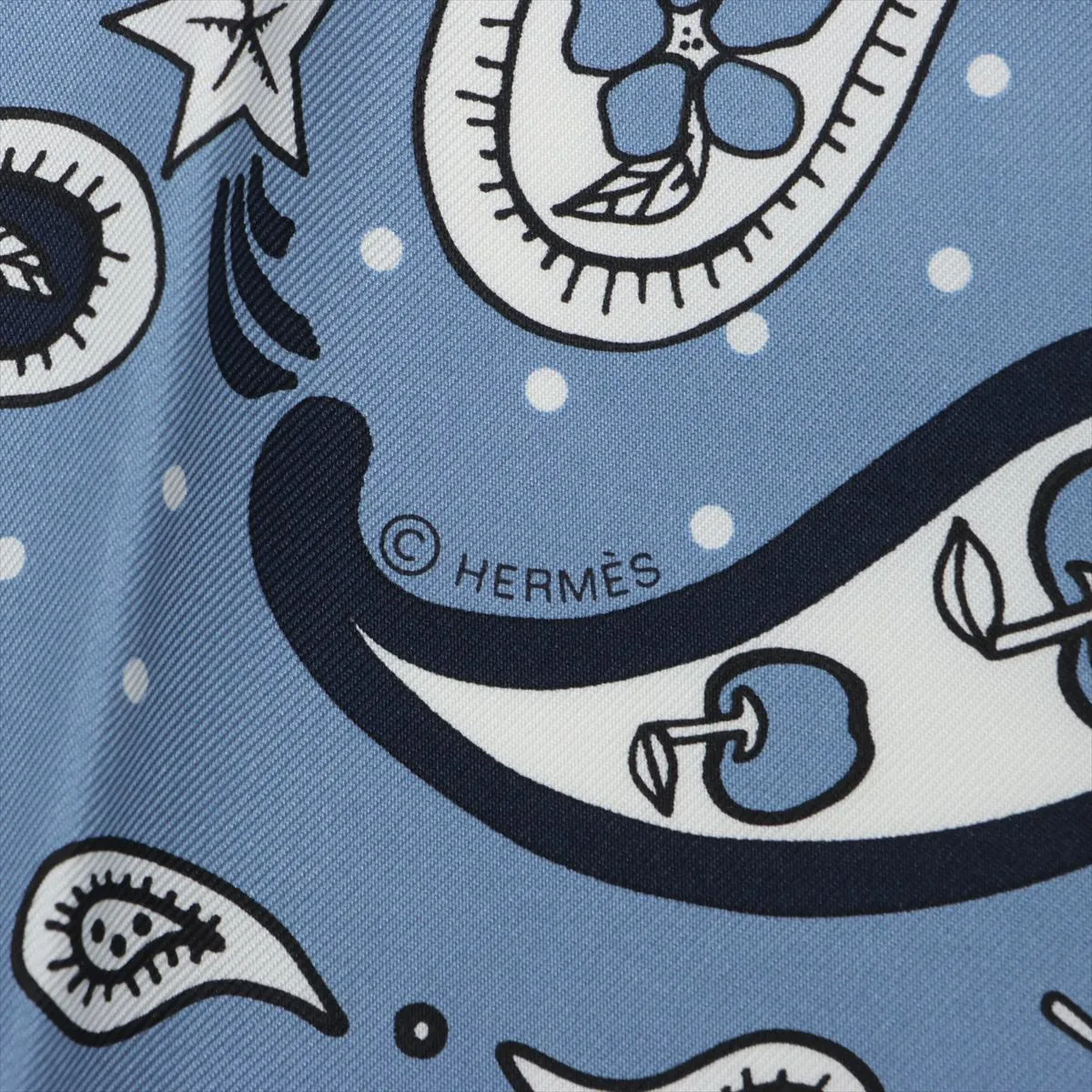 Carre 55 LE RODEO DES FRUITS (Rodeo de Fruits) Scarf, Silk, Blue Jean, Slightly Snagged, with Paper Tag. — view 6