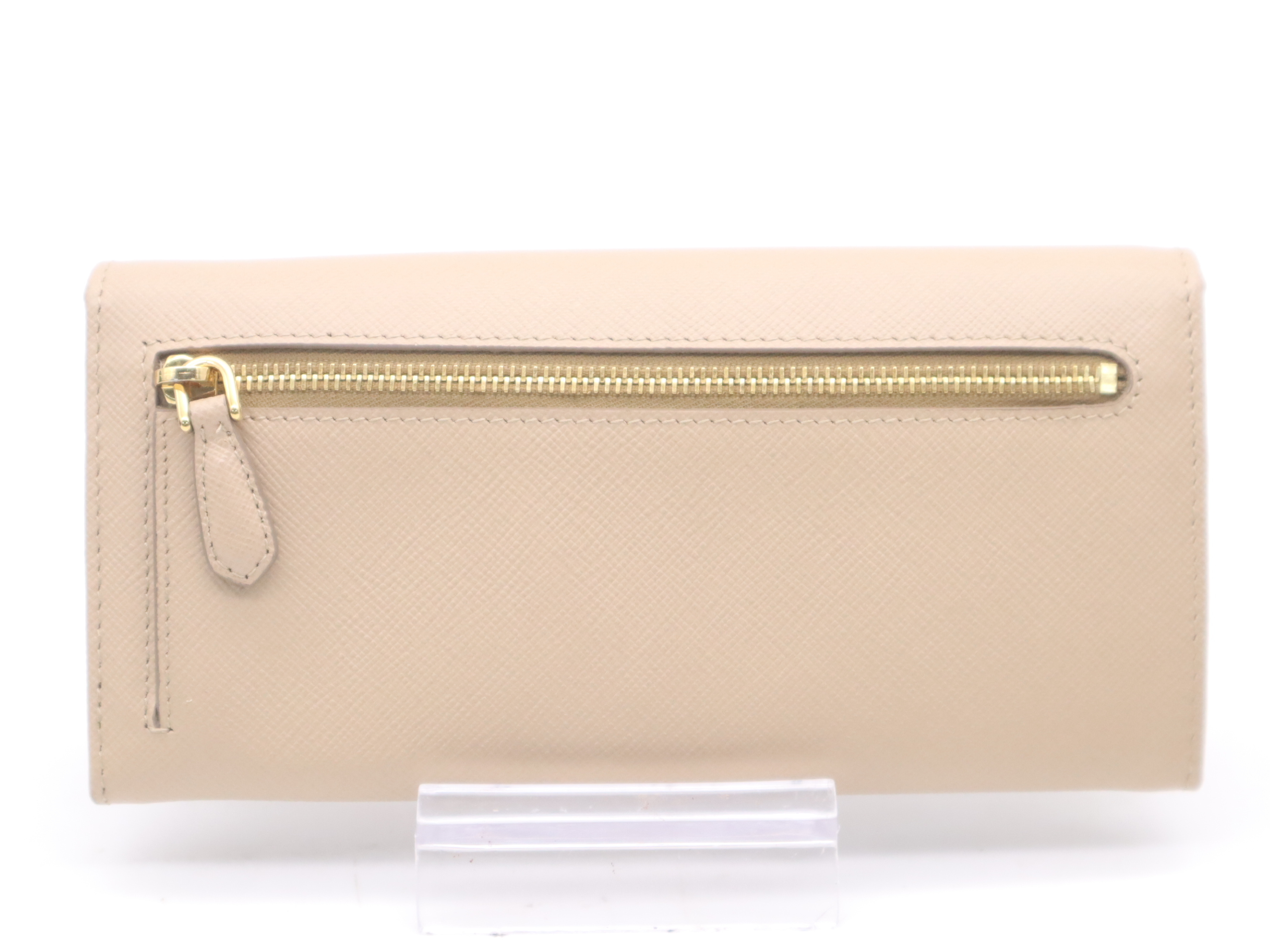 Saffiano Leather Bi-fold Long Wallet, Beige, Gold Hardware, with Box and Cards. — view 2