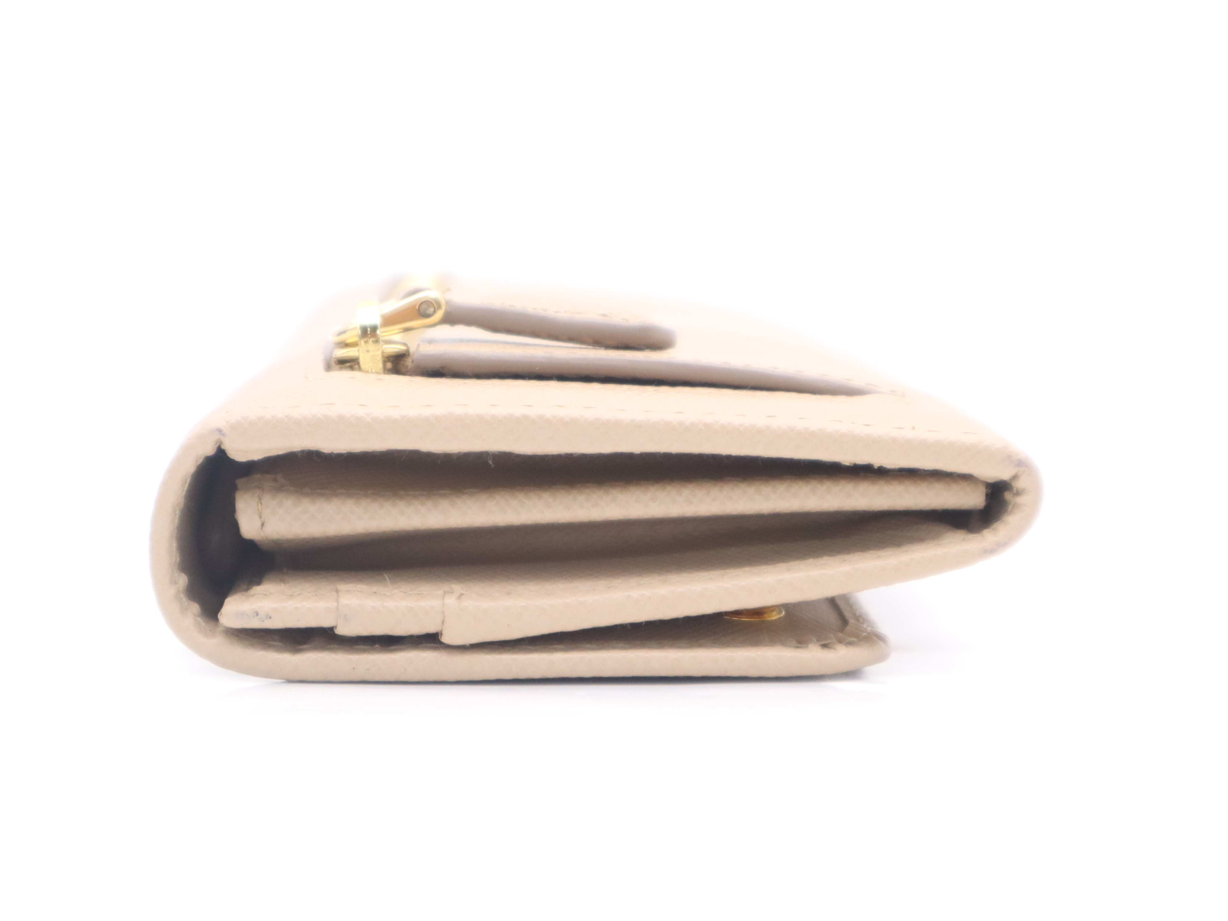 Saffiano Leather Bi-fold Long Wallet, Beige, Gold Hardware, with Box and Cards. — view 3