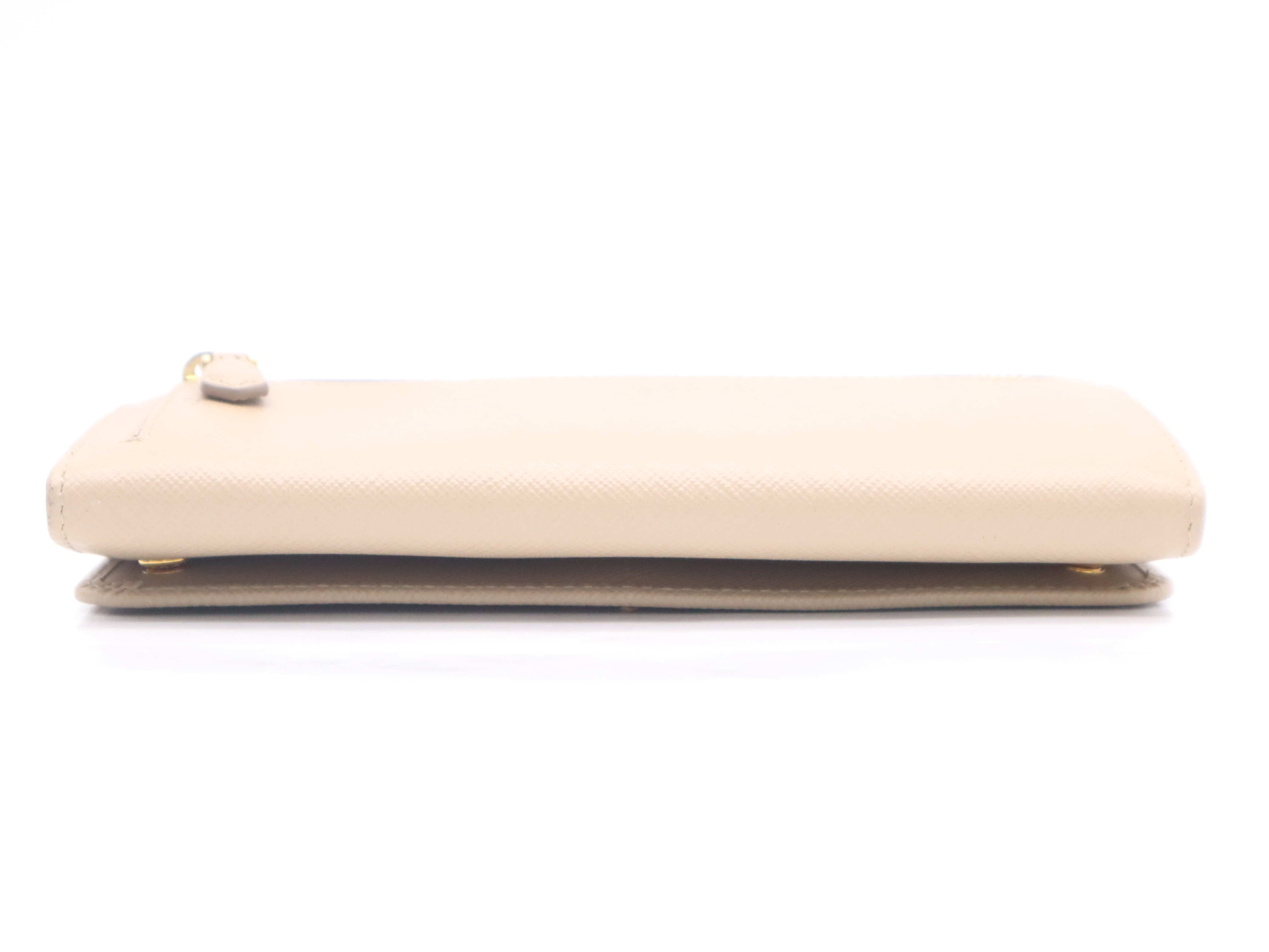 Saffiano Leather Bi-fold Long Wallet, Beige, Gold Hardware, with Box and Cards. — view 4