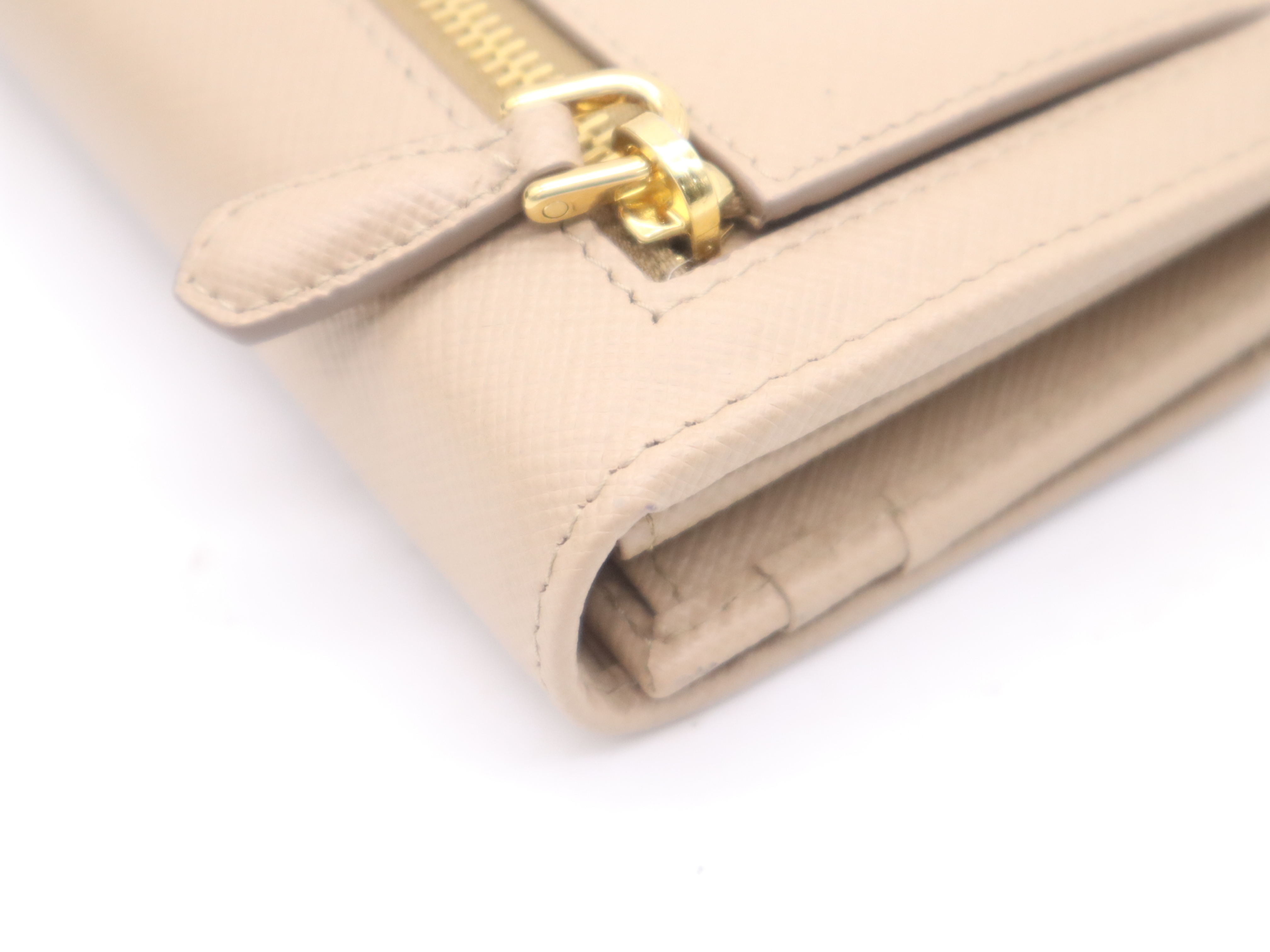 Saffiano Leather Bi-fold Long Wallet, Beige, Gold Hardware, with Box and Cards. — view 6