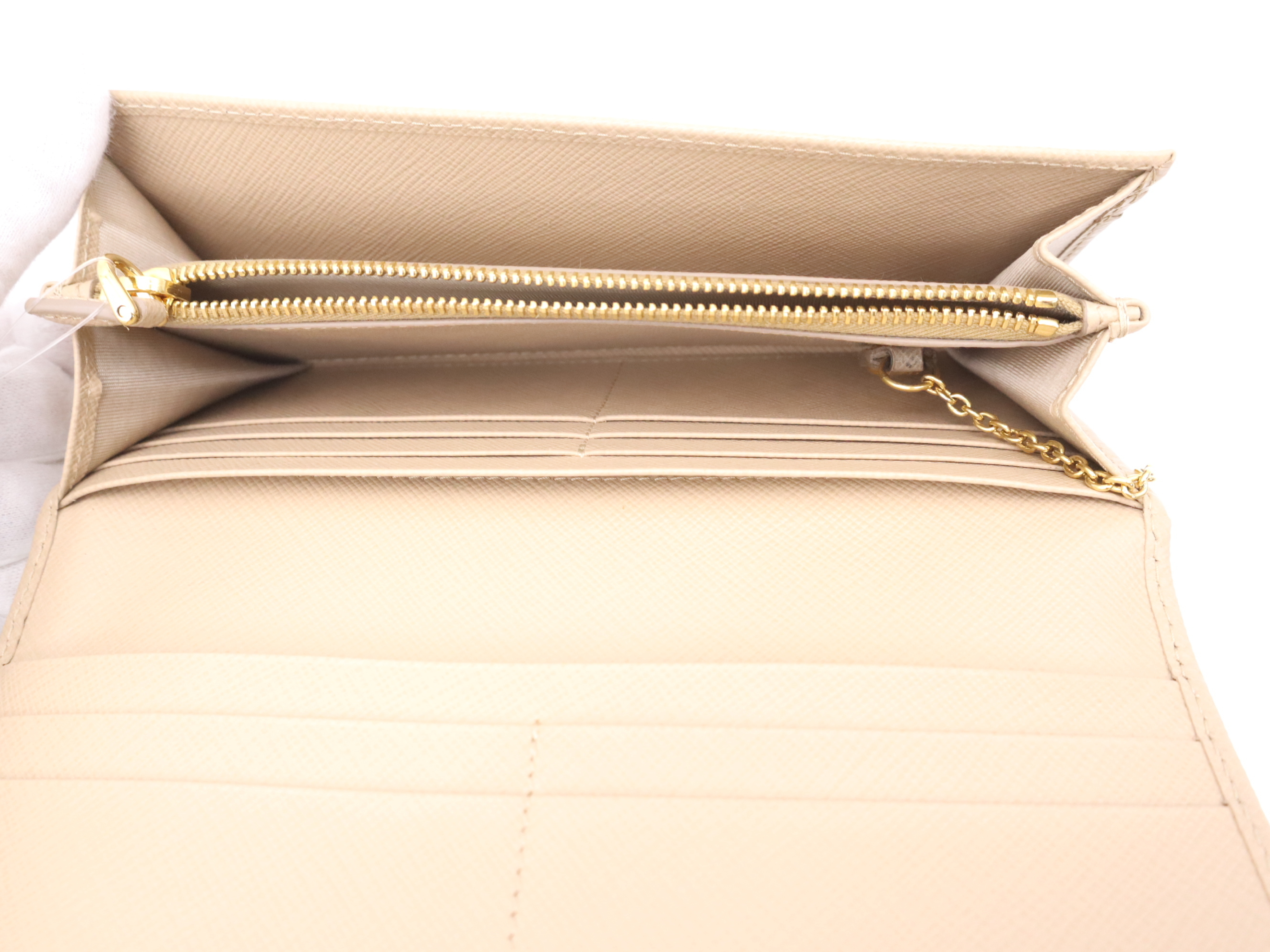 Saffiano Leather Bi-fold Long Wallet, Beige, Gold Hardware, with Box and Cards. — view 7