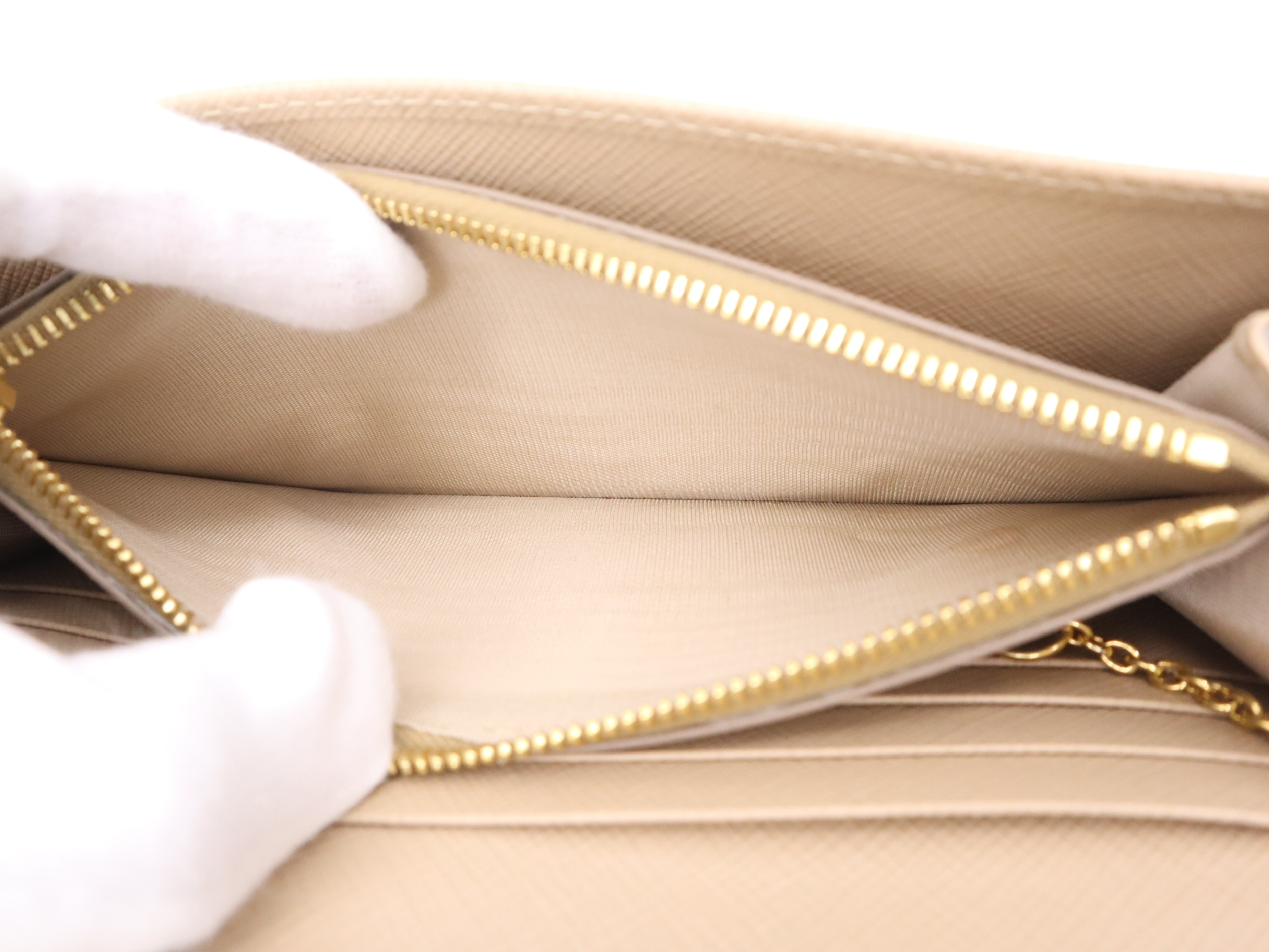 Saffiano Leather Bi-fold Long Wallet, Beige, Gold Hardware, with Box and Cards. — view 8
