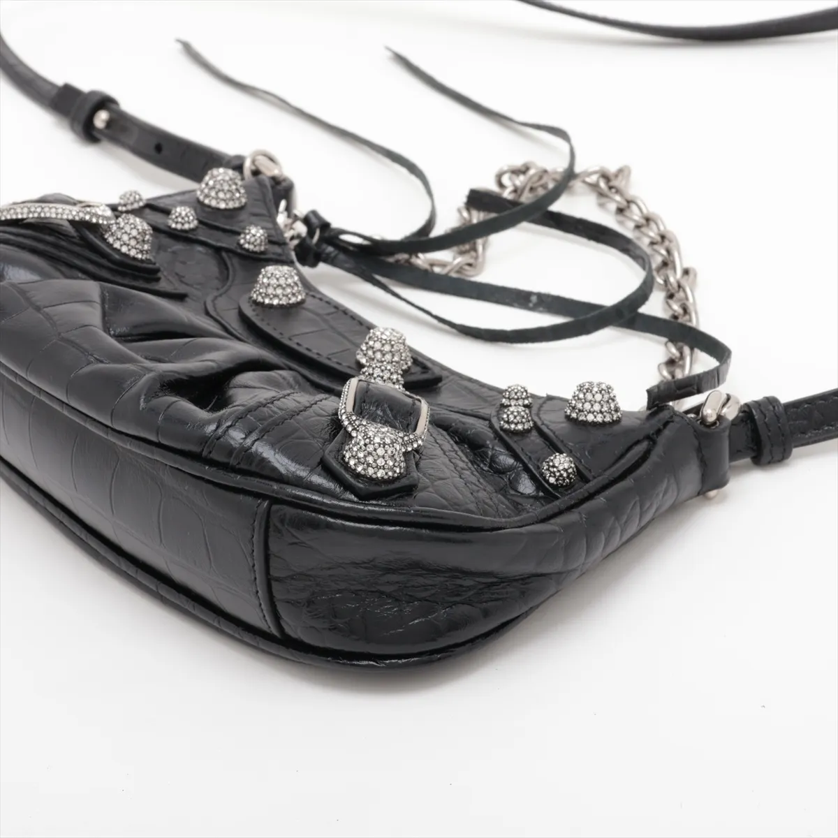 Le Cagole Mini 695814 Crocodile Embossed x Rhinestone 2-Way Shoulder Bag, Black — view 3