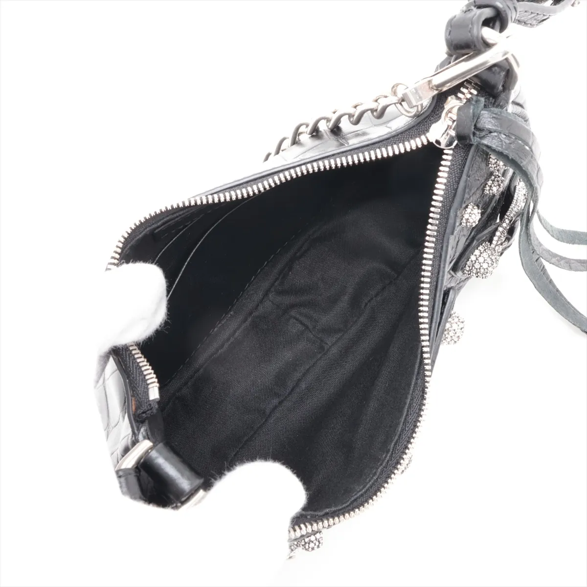 Le Cagole Mini 695814 Crocodile Embossed x Rhinestone 2-Way Shoulder Bag, Black — view 6