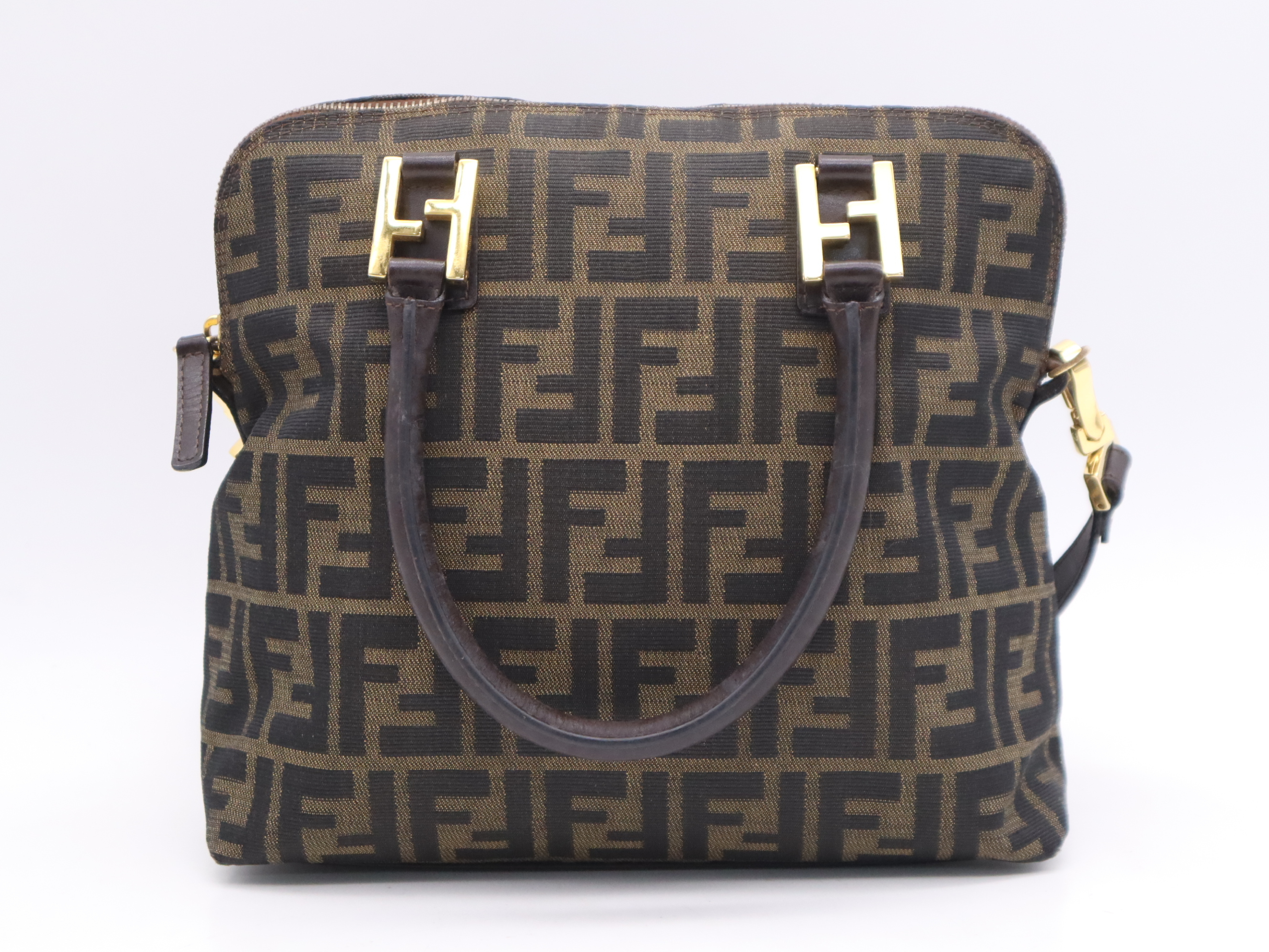 Canvas x Leather Zucca 2-Way Handbag in Brown with Gold Hardware, Shoulder Strap, and Dust Bag. — view 2