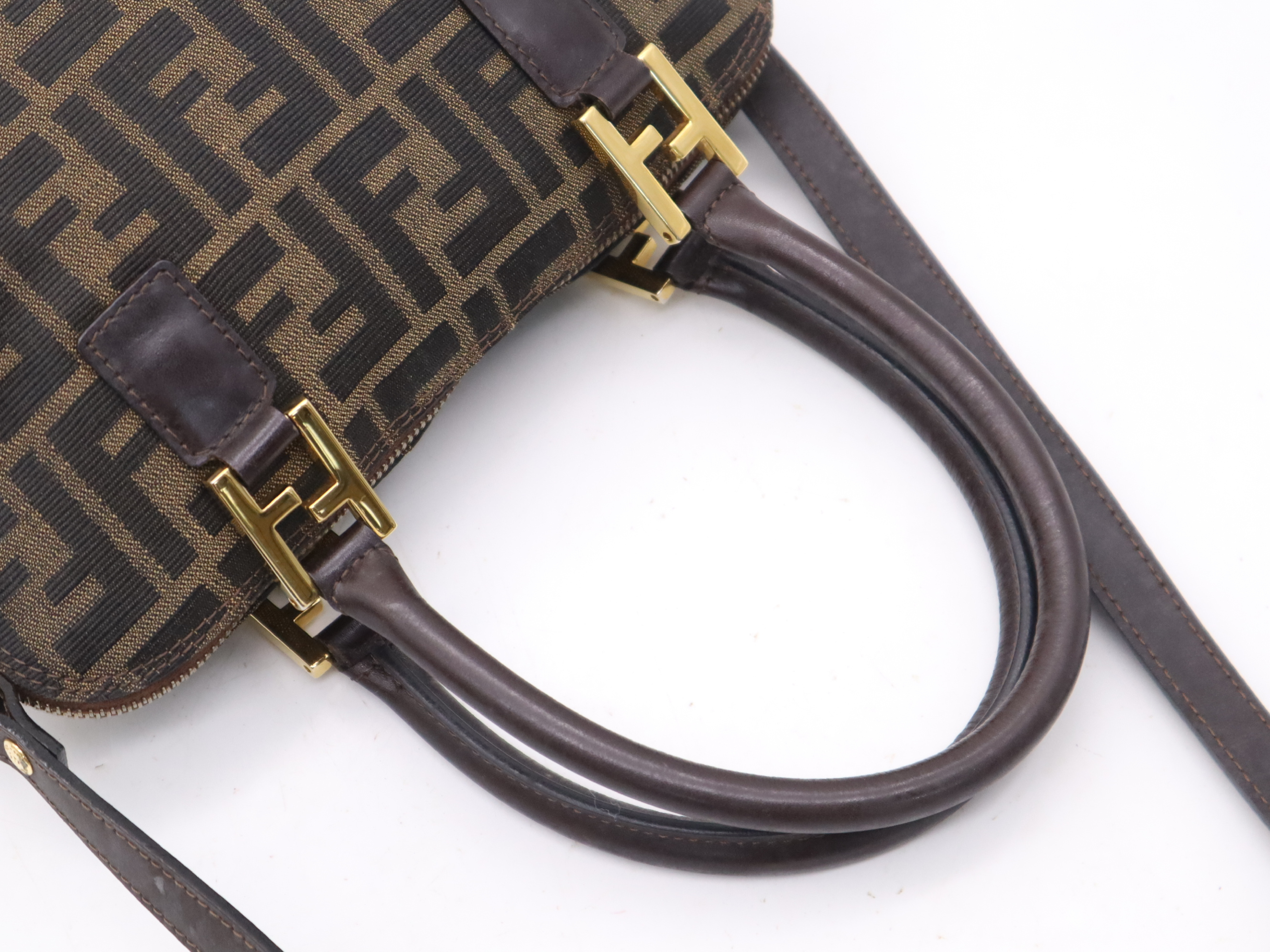 Canvas x Leather Zucca 2-Way Handbag in Brown with Gold Hardware, Shoulder Strap, and Dust Bag. — view 6