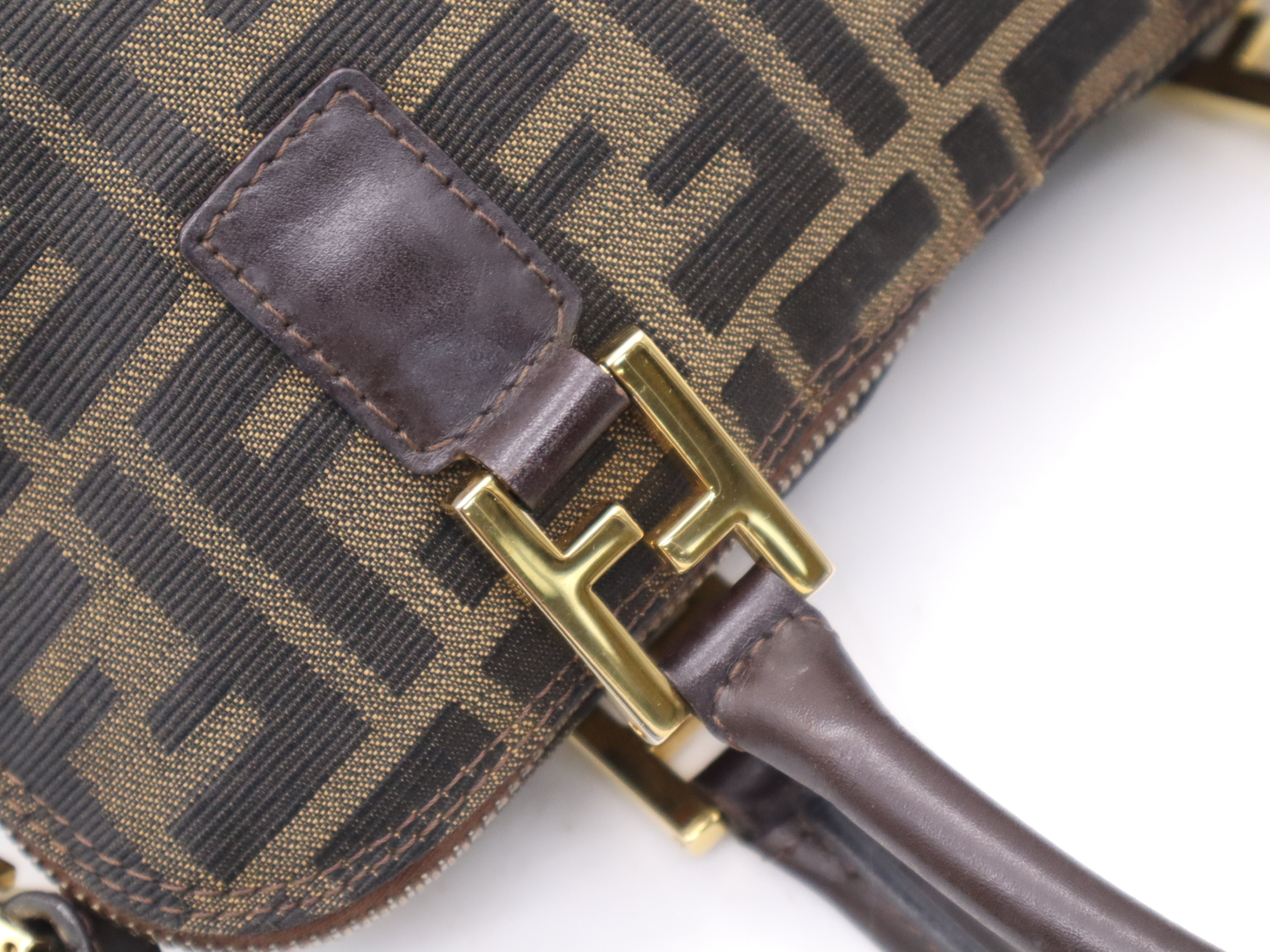 Canvas x Leather Zucca 2-Way Handbag in Brown with Gold Hardware, Shoulder Strap, and Dust Bag. — view 7