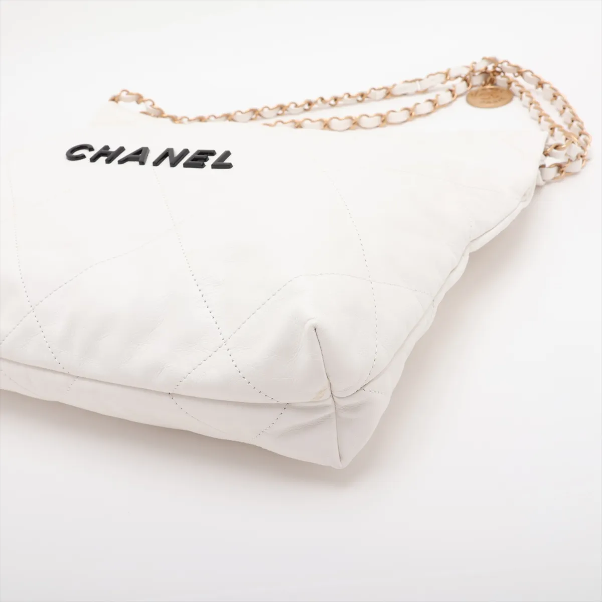 22 Small Shiny Calfskin Chain Shoulder Bag, White with Gold Hardware, EN5G5G5J, Random Plate, AS3260 — view 3