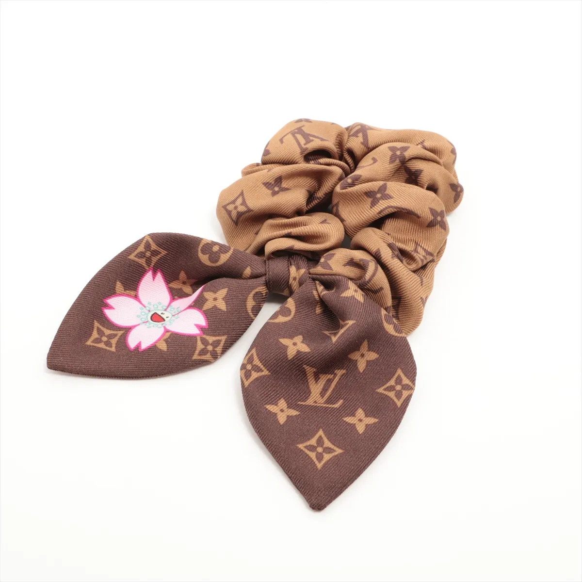 x Takashi Murakami M96067 Cherry Blossom Scrunchie Fabric Brown. Shows wear, — view 2
