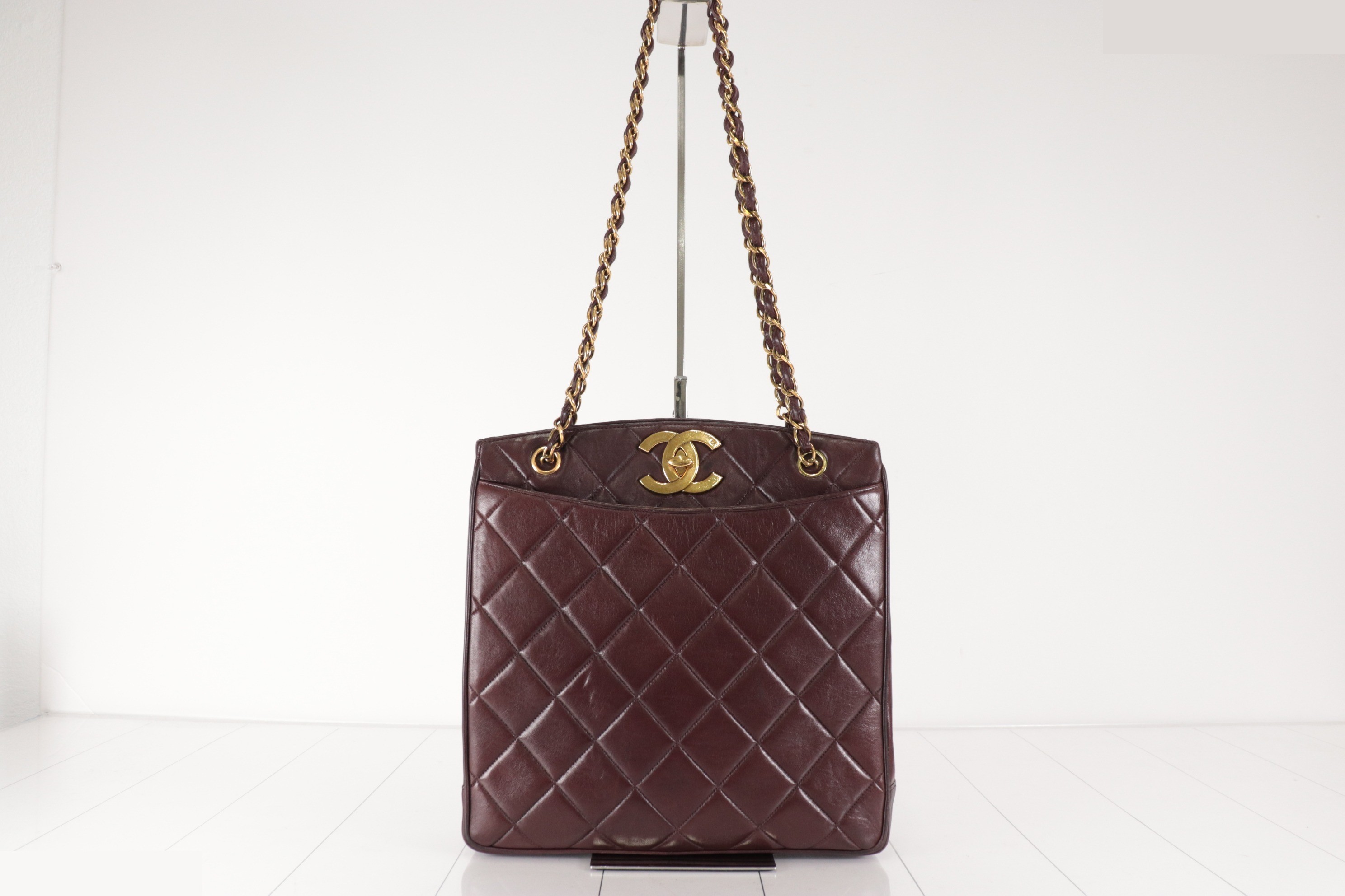 Turnlock Lamb Chain Tote, Brown, Unit #2 — view 2