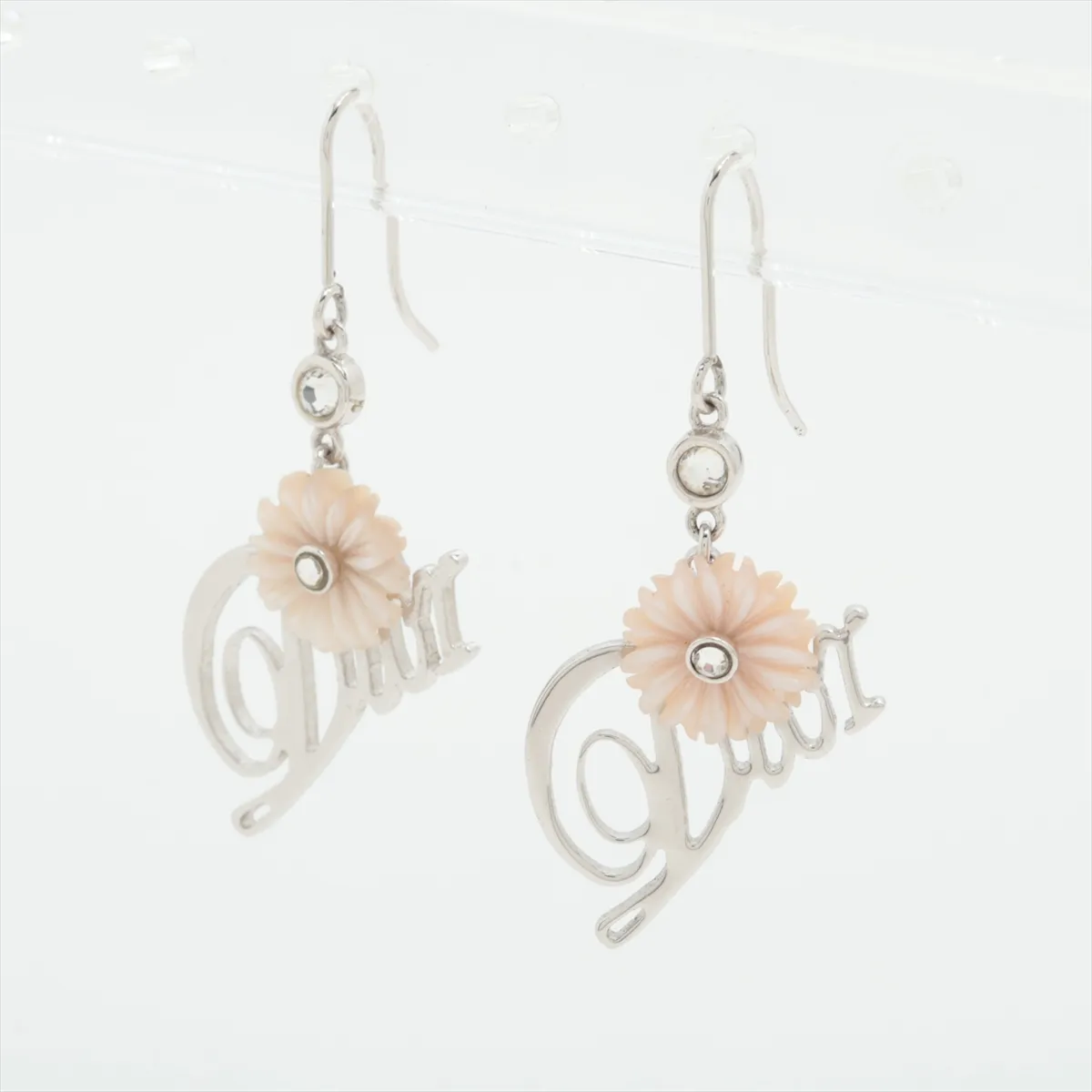 logo earrings (for both ears), metal and rhinestone, silver. Shows signs of wear: — view 3
