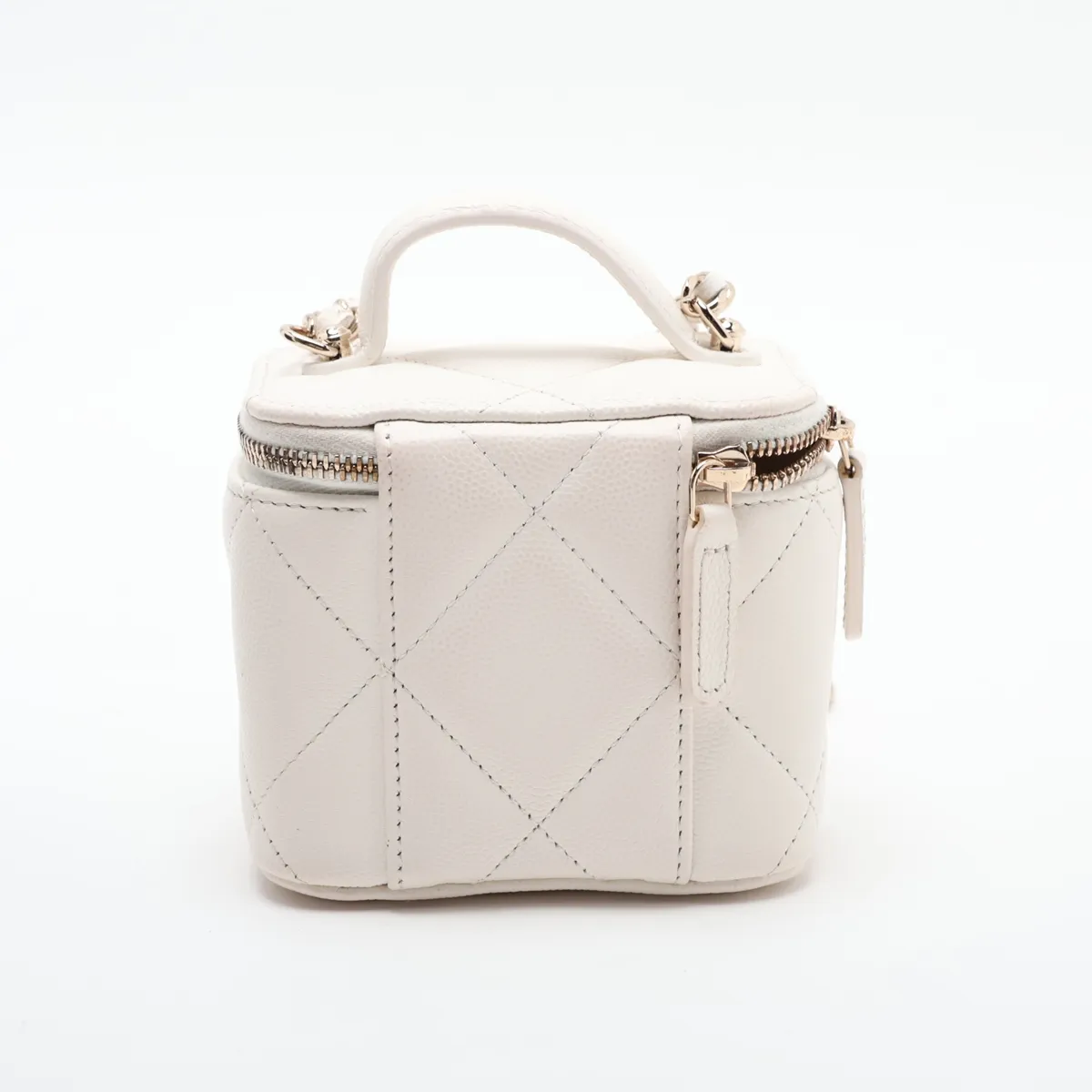 Matelassé Caviar Skin Vanity Bag, White with Gold Hardware, C8L75280, Random Plate — view 2