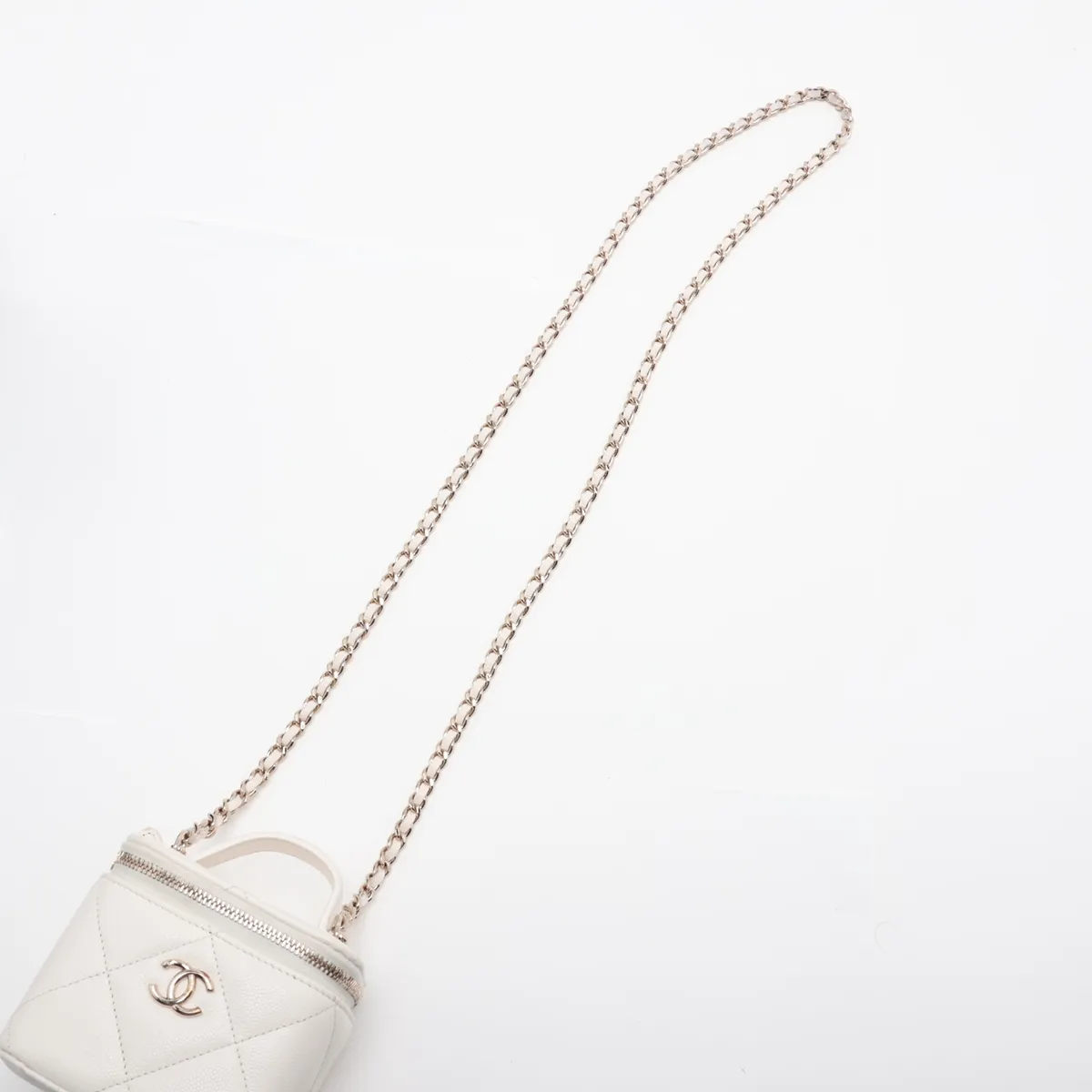 Matelassé Caviar Skin Vanity Bag, White with Gold Hardware, C8L75280, Random Plate — view 7
