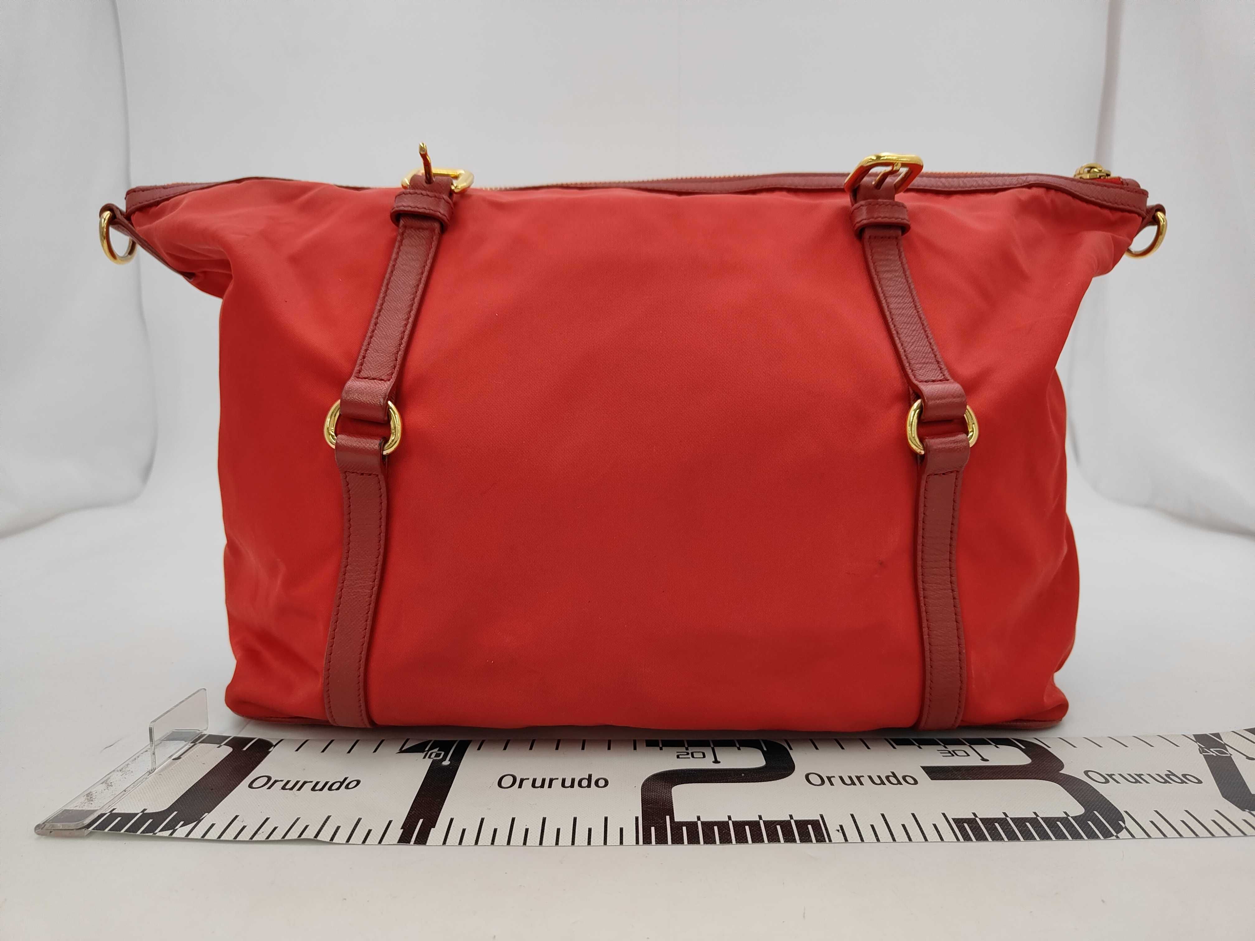 Nylon Red Tessuto Nylon Saffiano Leather Gold Lettering Logo Shopper Shoulder Bag — view 2