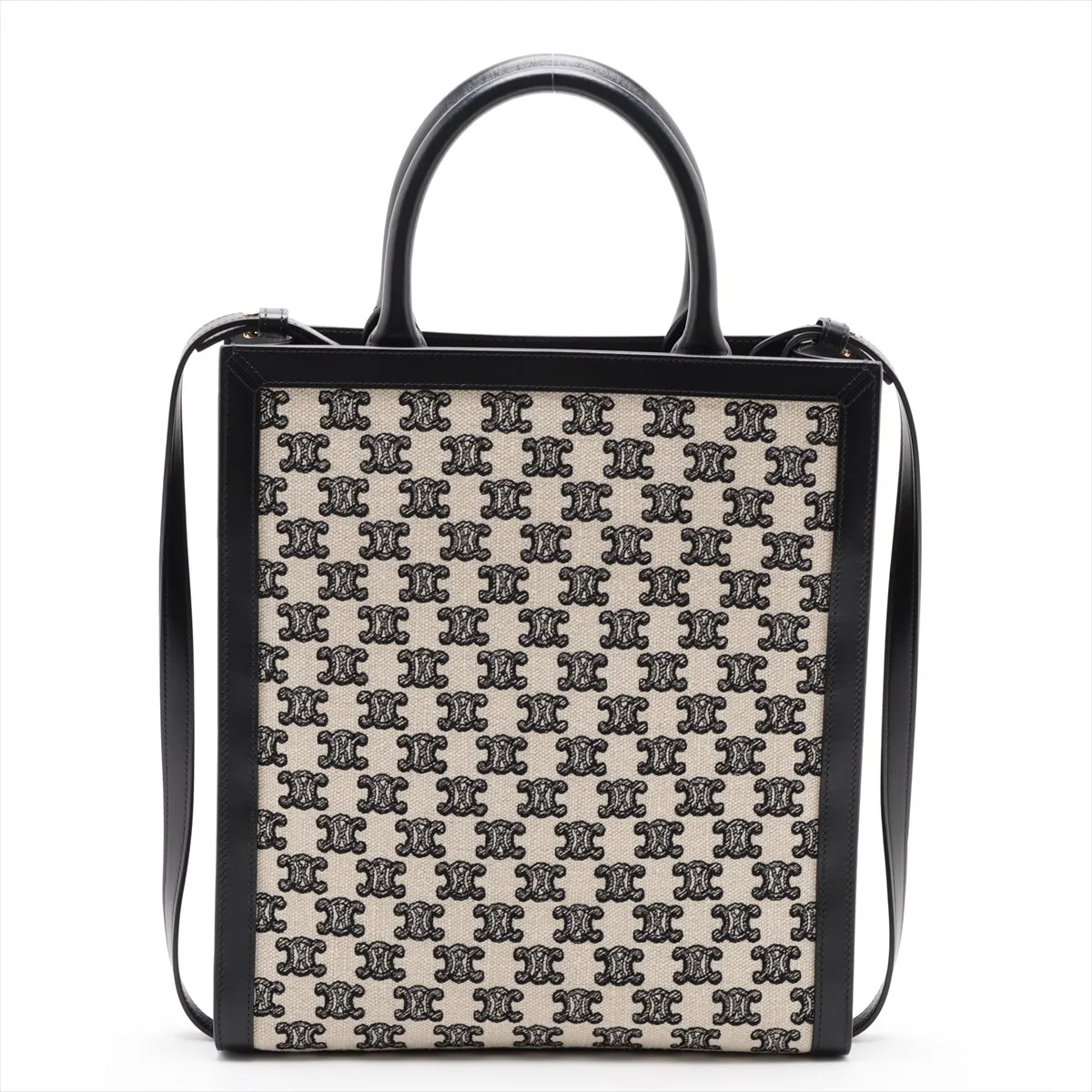 Triomphe Vertical Cabas Canvas x Leather 2-Way Handbag, Black x Beige — view 2