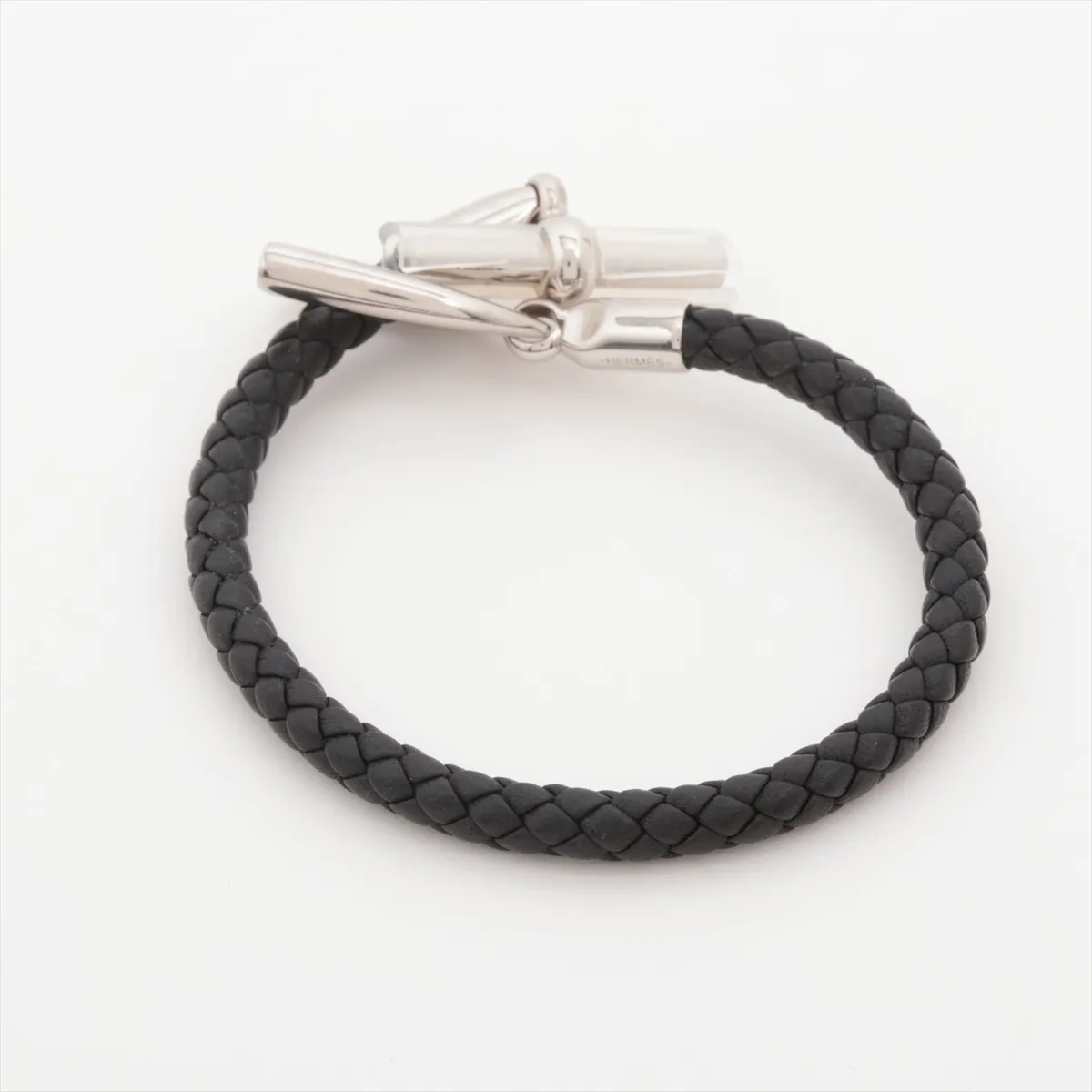 Etrier bracelet, metal and leather, black and silver. Shows signs of wear, — view 2