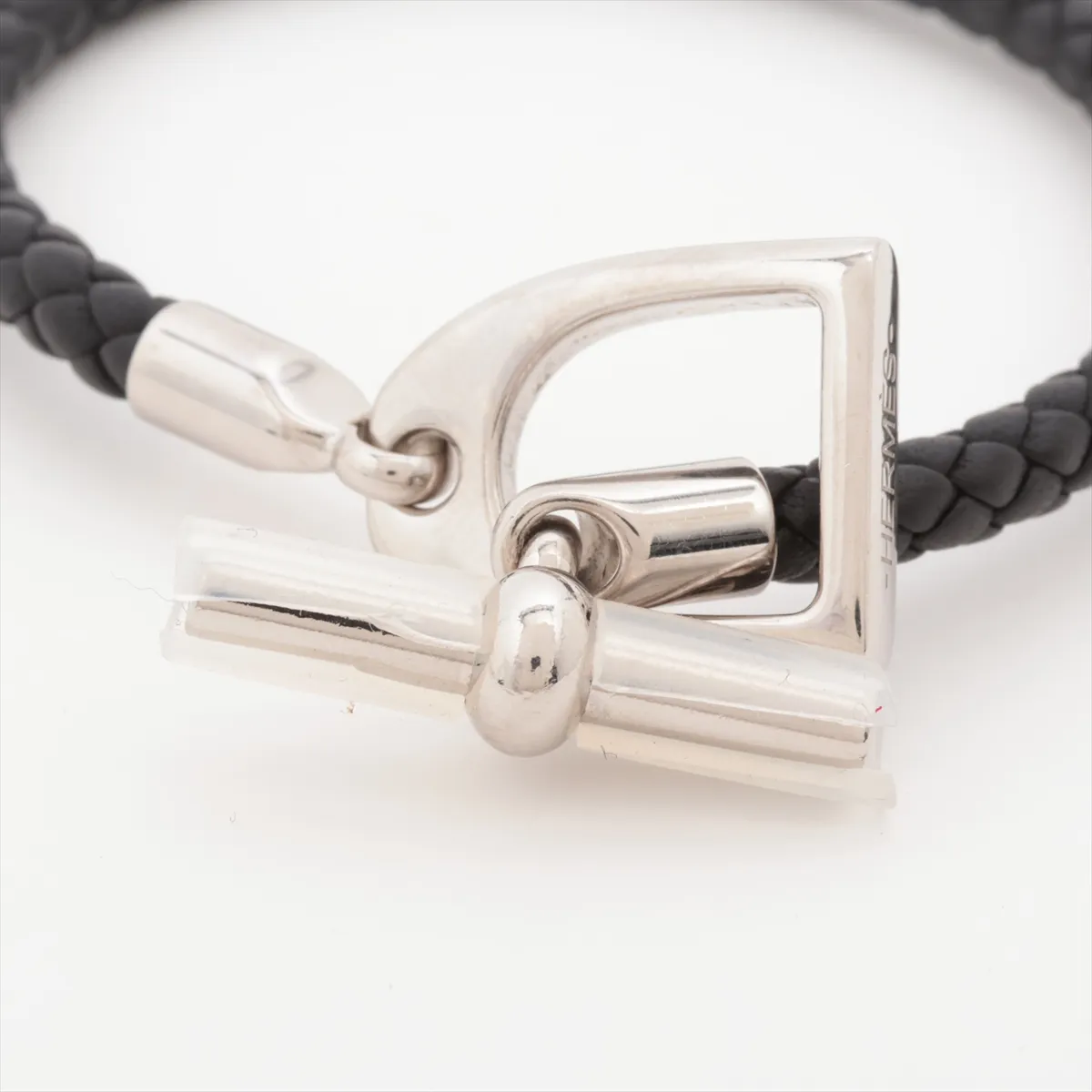 Etrier bracelet, metal and leather, black and silver. Shows signs of wear, — view 3
