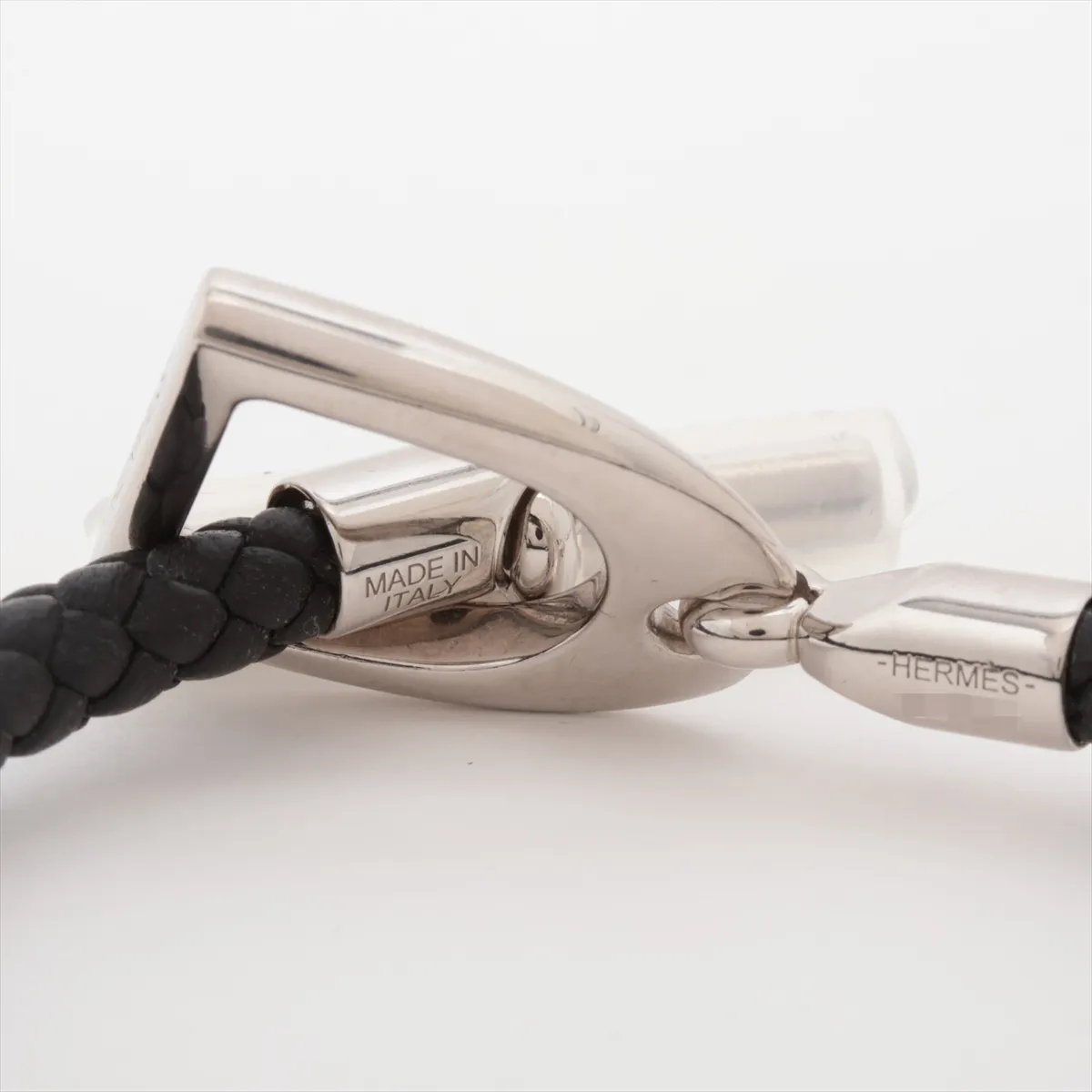Etrier bracelet, metal and leather, black and silver. Shows signs of wear, — view 4