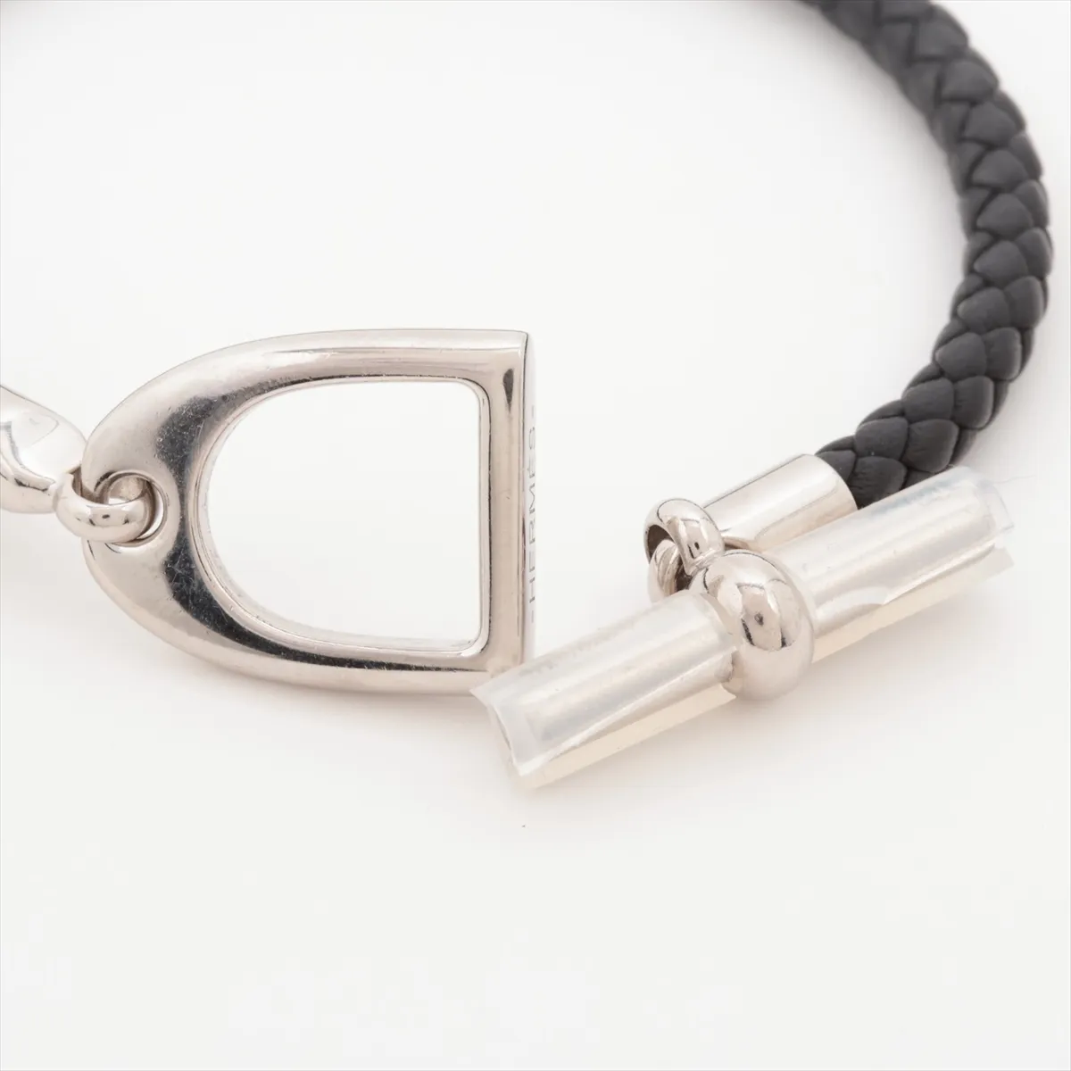 Etrier bracelet, metal and leather, black and silver. Shows signs of wear, — view 5