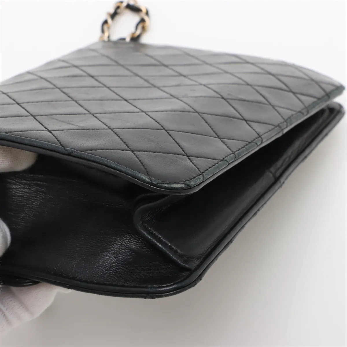 Matelasse Lambskin Chain Shoulder Bag Push Lock Black Gold Hardware — view 13