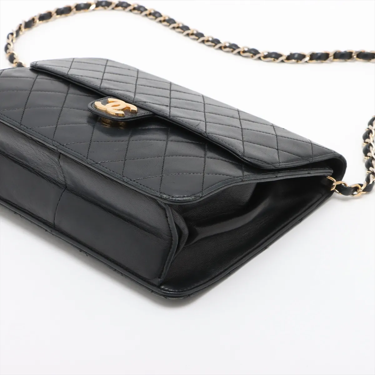 Matelasse Lambskin Chain Shoulder Bag Push Lock Black Gold Hardware — view 3