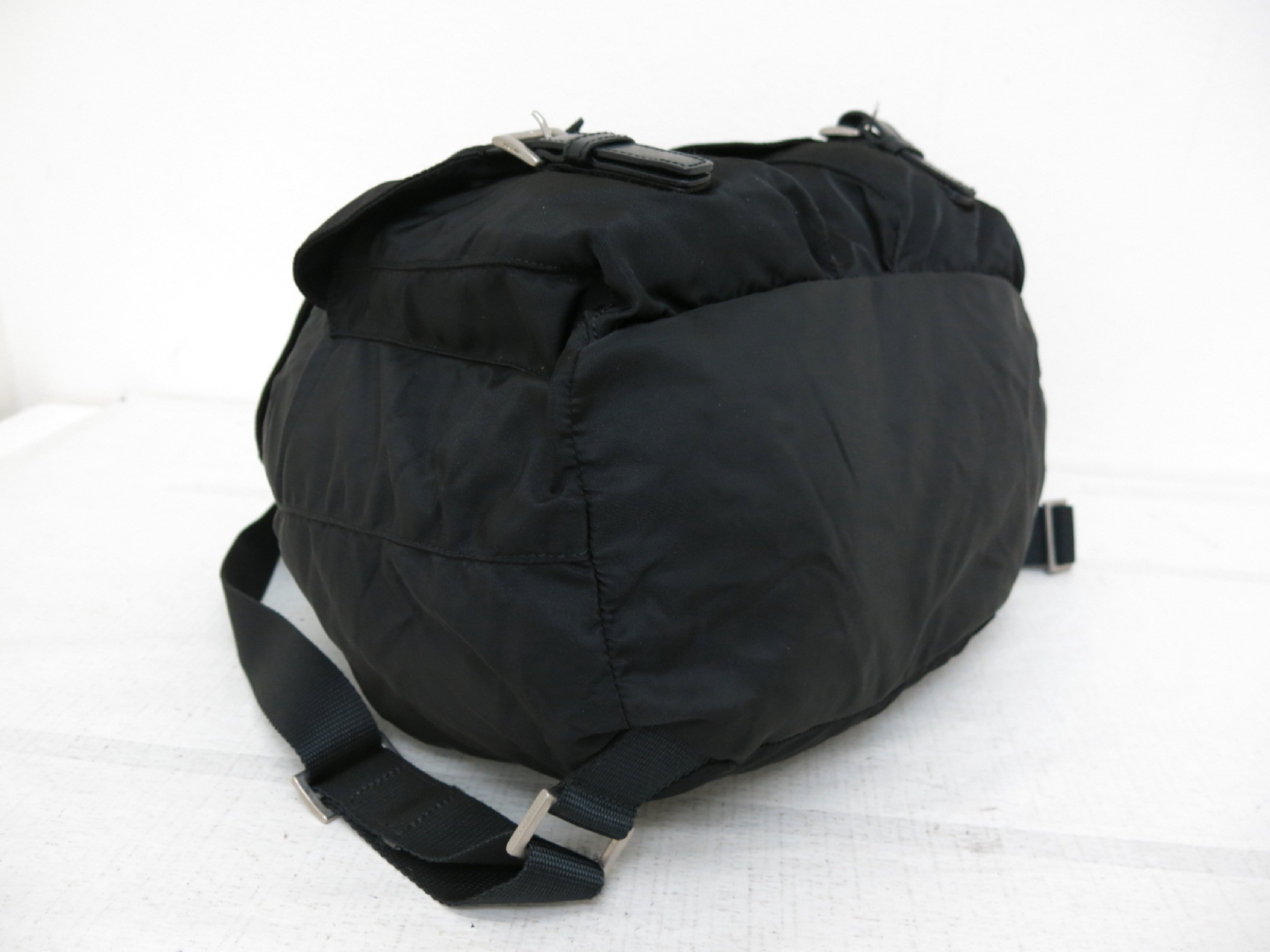 Triangle Logo Plate Nylon Calfskin Backpack Black — view 6